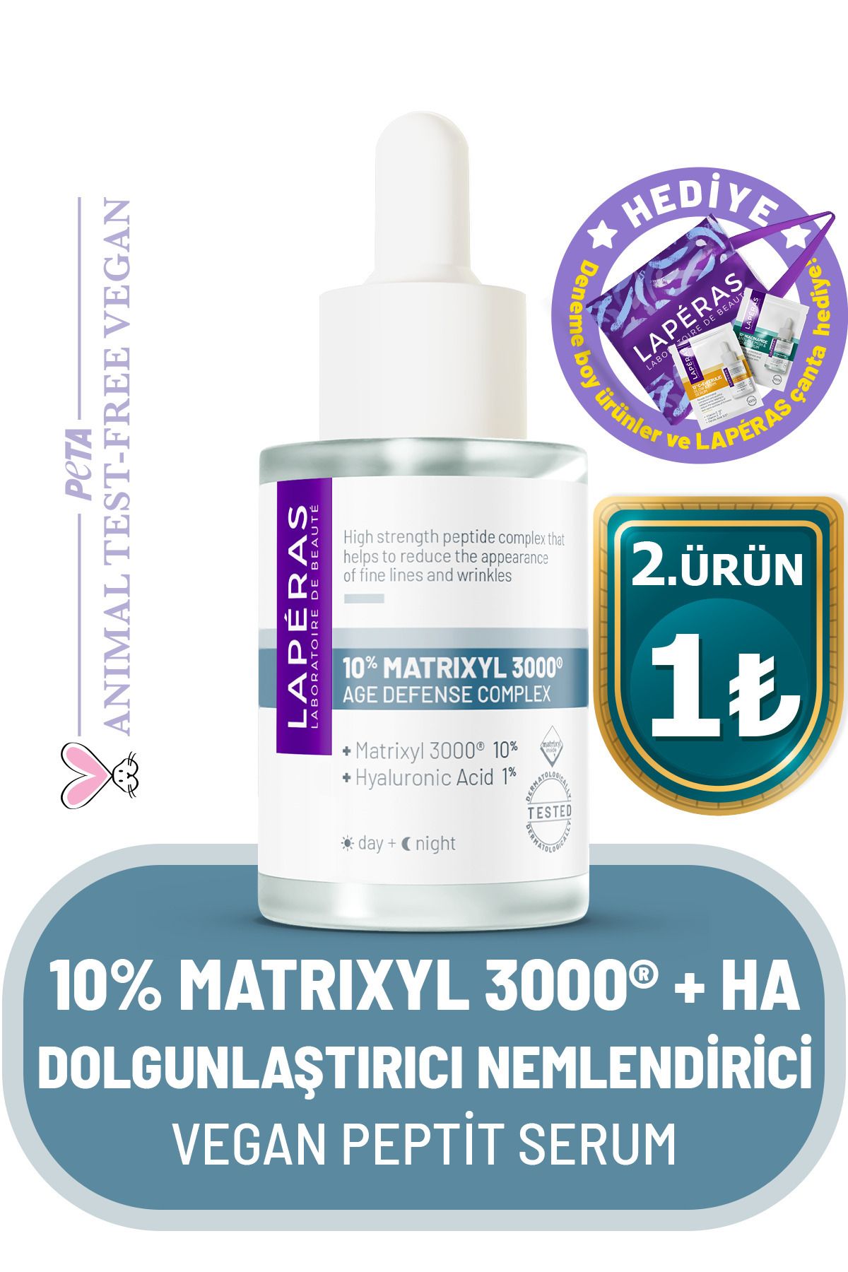 سرم پپتید وگان مرطوب کننده LAPERAS 10% Peptide Matrixyl 3000® 1% Hyaluronic Acid Plumping