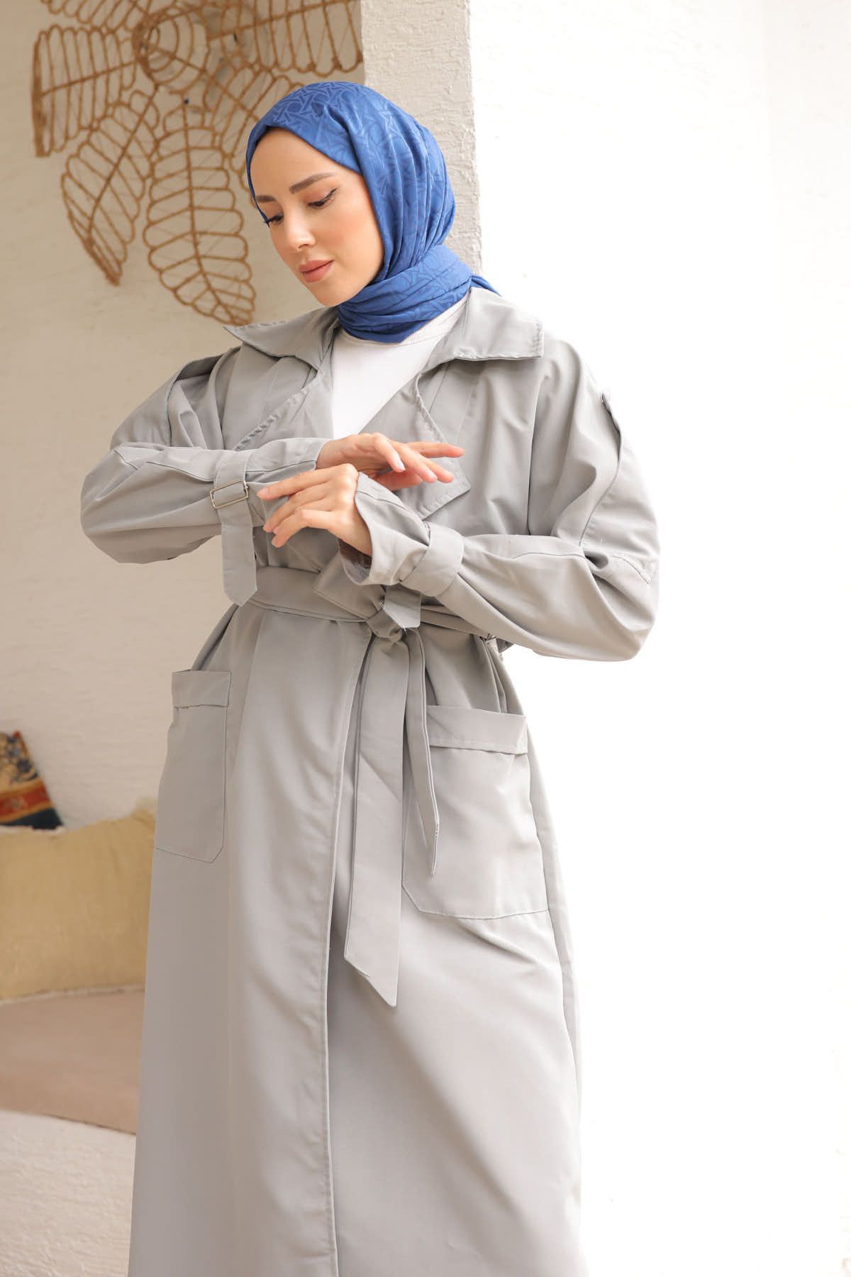 İmajButik-Grey Double-breasted Collar Sleeve Shoulder Epaulette Trench Coat 4