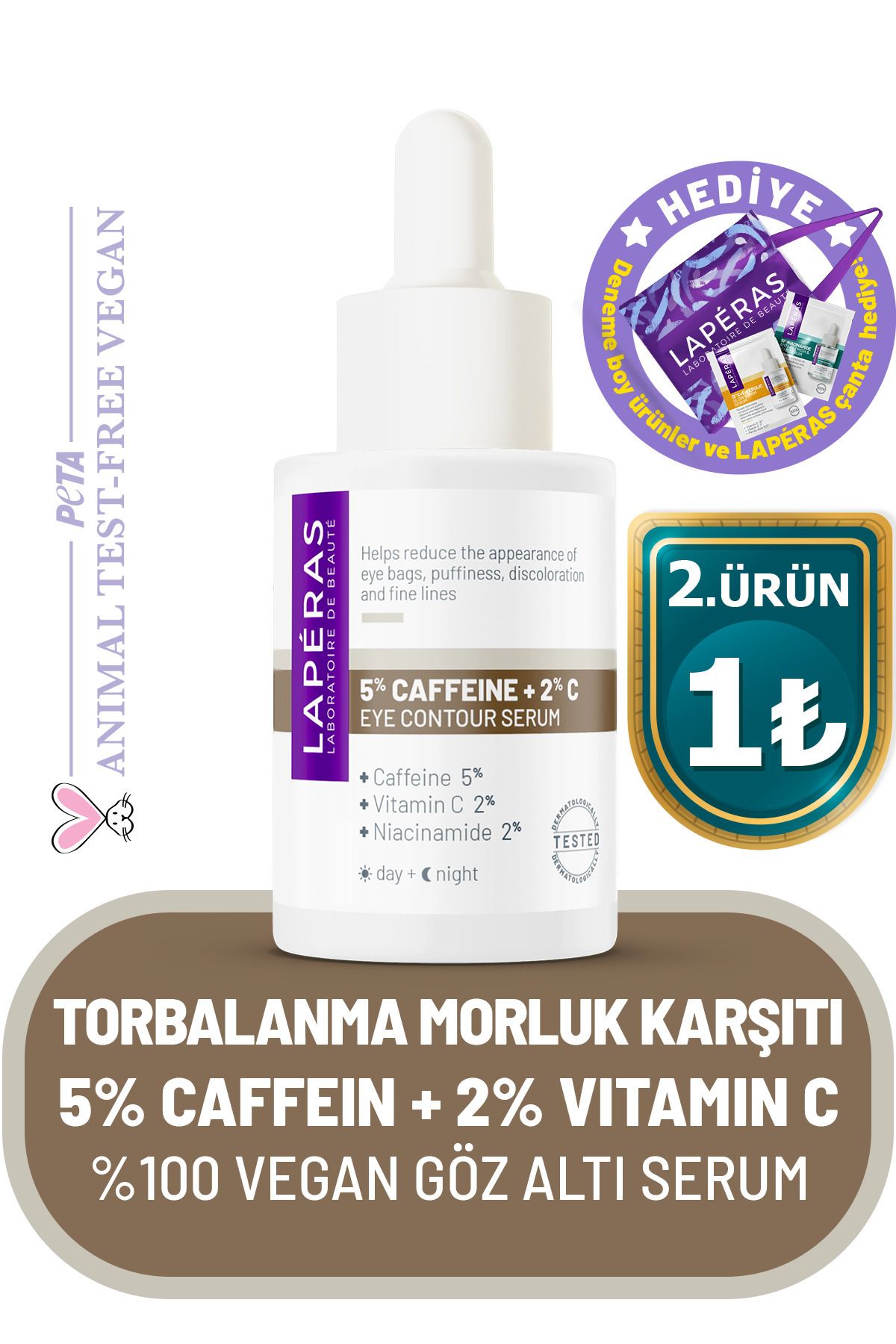 LAPERAS Torbalanma Morluk Karşıtı 5% Caffein 2% Vitamin C Aydınlatıcı Kafein Vegan Göz Altı Serumu