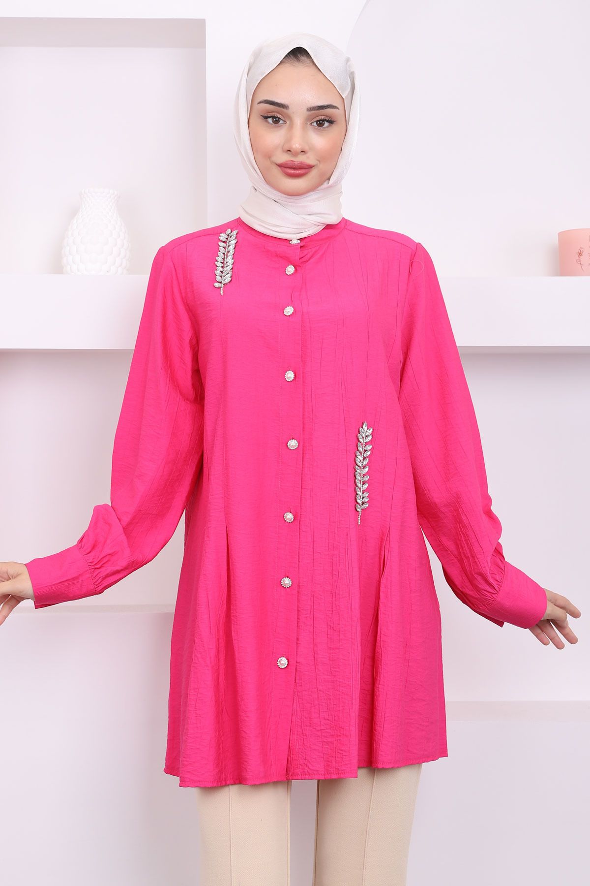 İmajButik-Fuchsia Pleated Stone Detailed Tunic 2