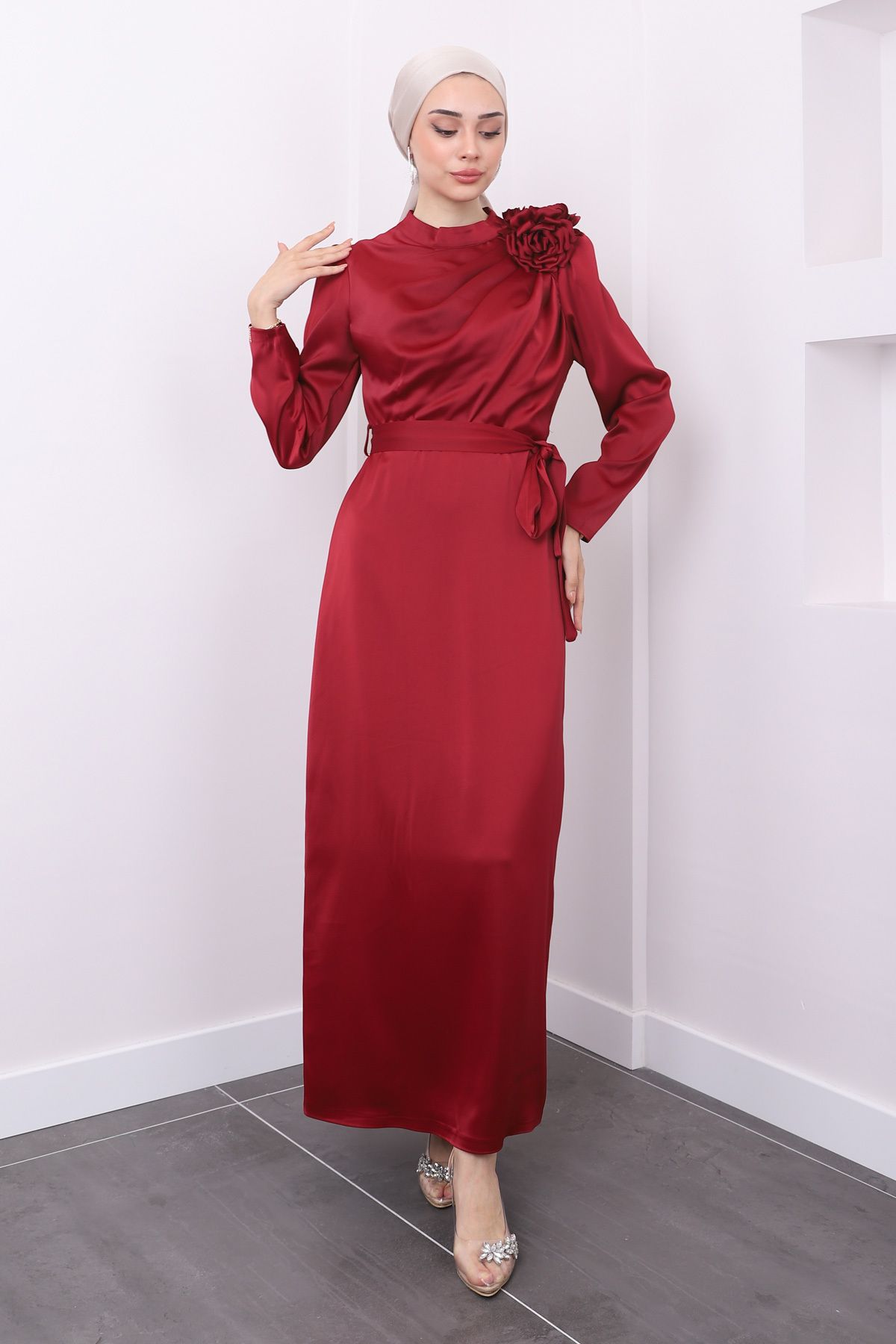 İmajButik-Rochie de seara din satin burgundy cu detaliu bronz 2