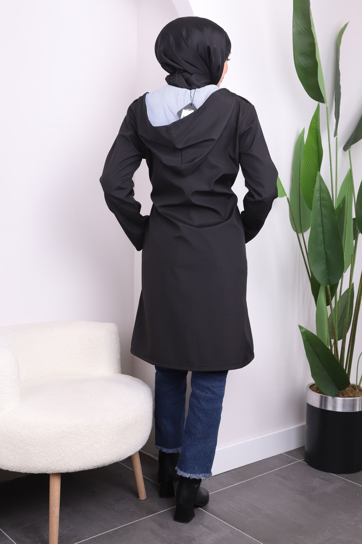 İmajButik-Black Pocketed Hooded Trench Coat 2