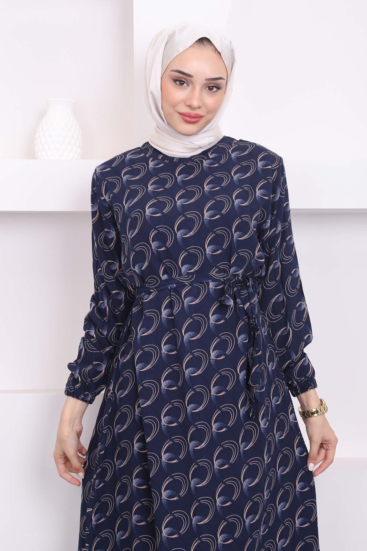 İmajButik-Navy Blue Viscose Dress with Layered Skirt - Patterned 3