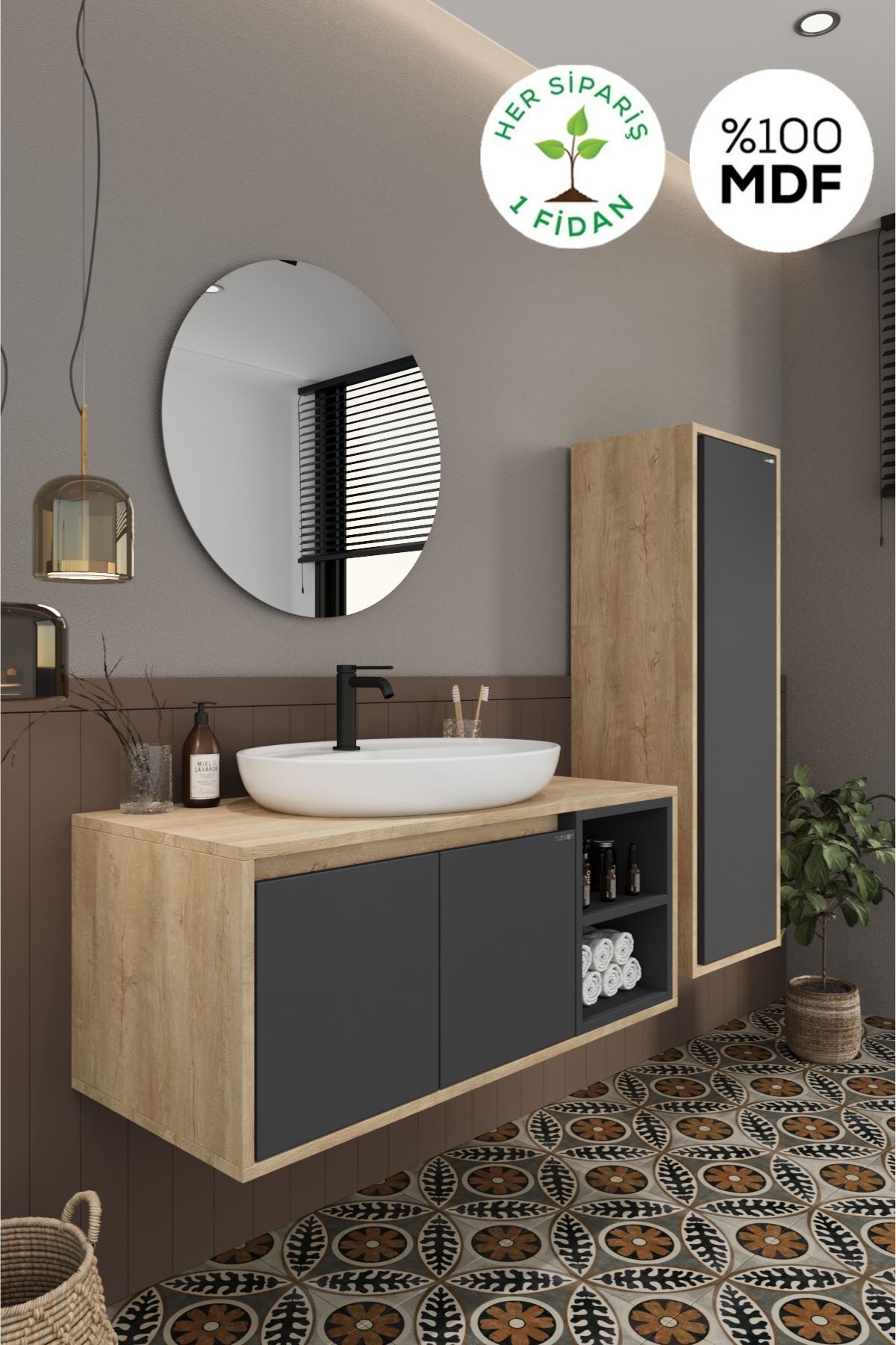 BALNEOM Gül 100 Cm Demonte Lavabolu Banyo Dolabı Ayna Alt Dolap Lavabo Boy Dolabı