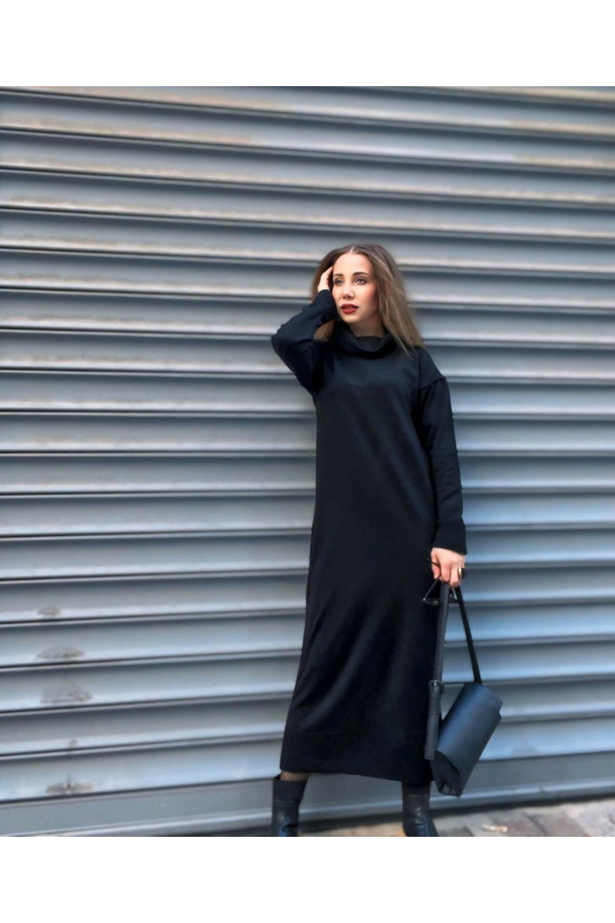 leyla sanat sanata yeni bir bakış açısı leyla sanat sanata yeni bir bakış açısı Kadın Uzun Kollu Boğazlı Midi Boy Triko Elbise (kemersiz)