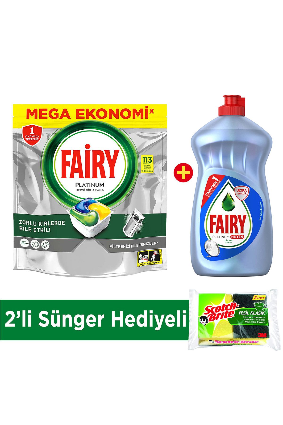 Fairy Platinum Bulaşık Kapsülü 113 Yıkama Sıvı Bulaşık Deterjanı 500 ml 2'li Sünger