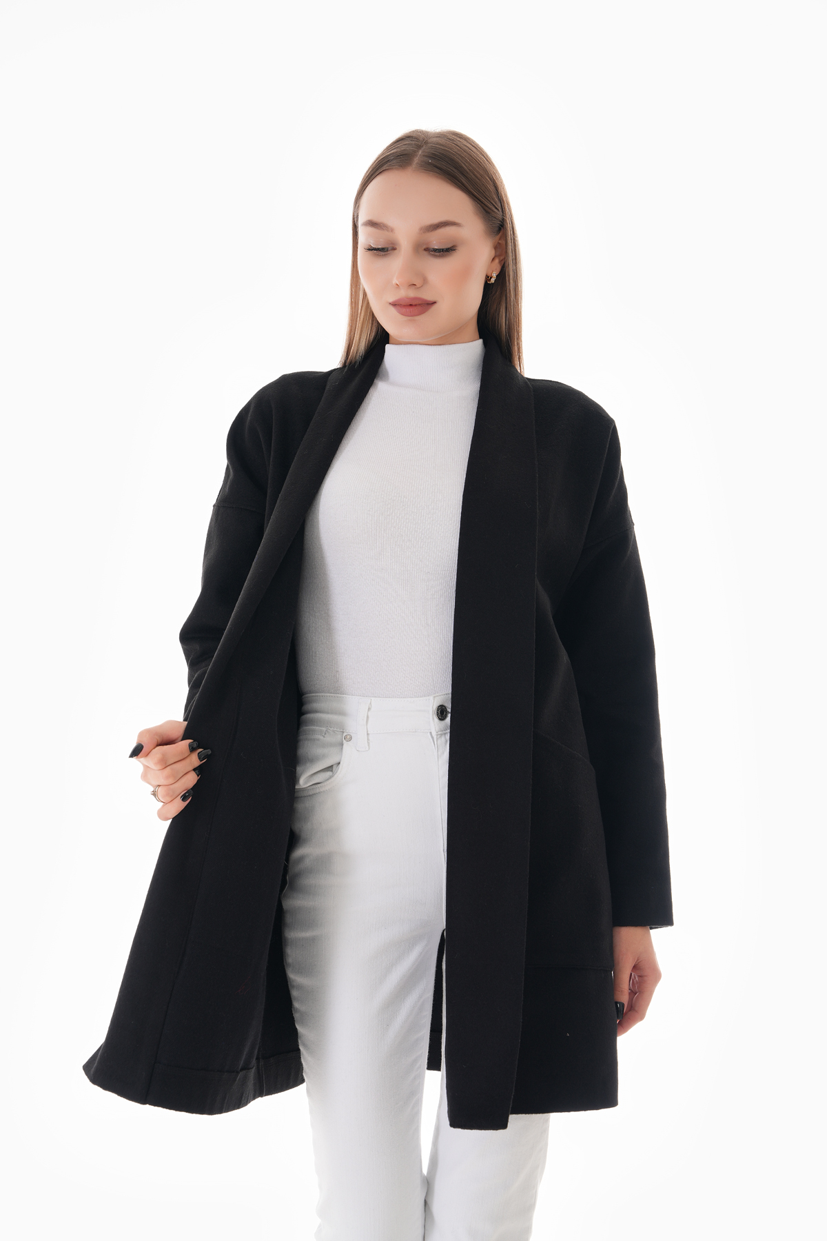Siyah Kışlık Günlük Oversize Standart Kısa Kaliteli Kaşe Kaban 36-44 Beden — مشکی 515 — تصویر 4 از 9