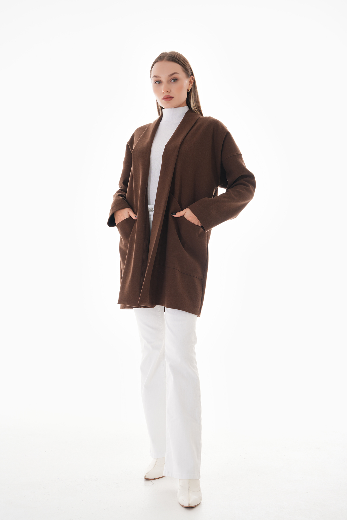 Kahverengi Kışlık Günlük Oversize Standart Kısa Kaliteli Kaşe Kaban 36-44 Beden — قهوه‌ای 515 — تصویر 6 از 9