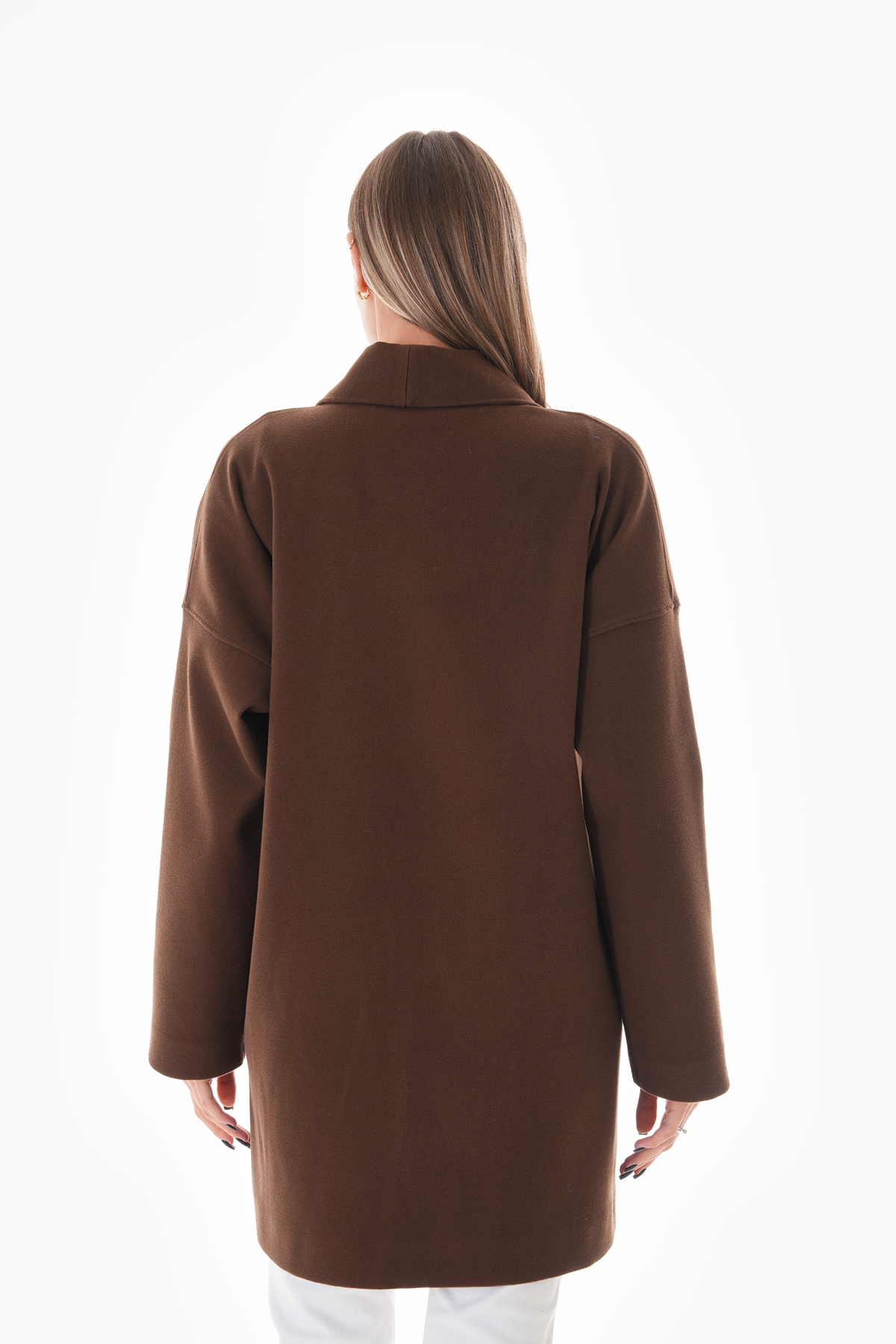 Kahverengi Kışlık Günlük Oversize Standart Kısa Kaliteli Kaşe Kaban 36-44 Beden — قهوه‌ای 515 — تصویر 8 از 9
