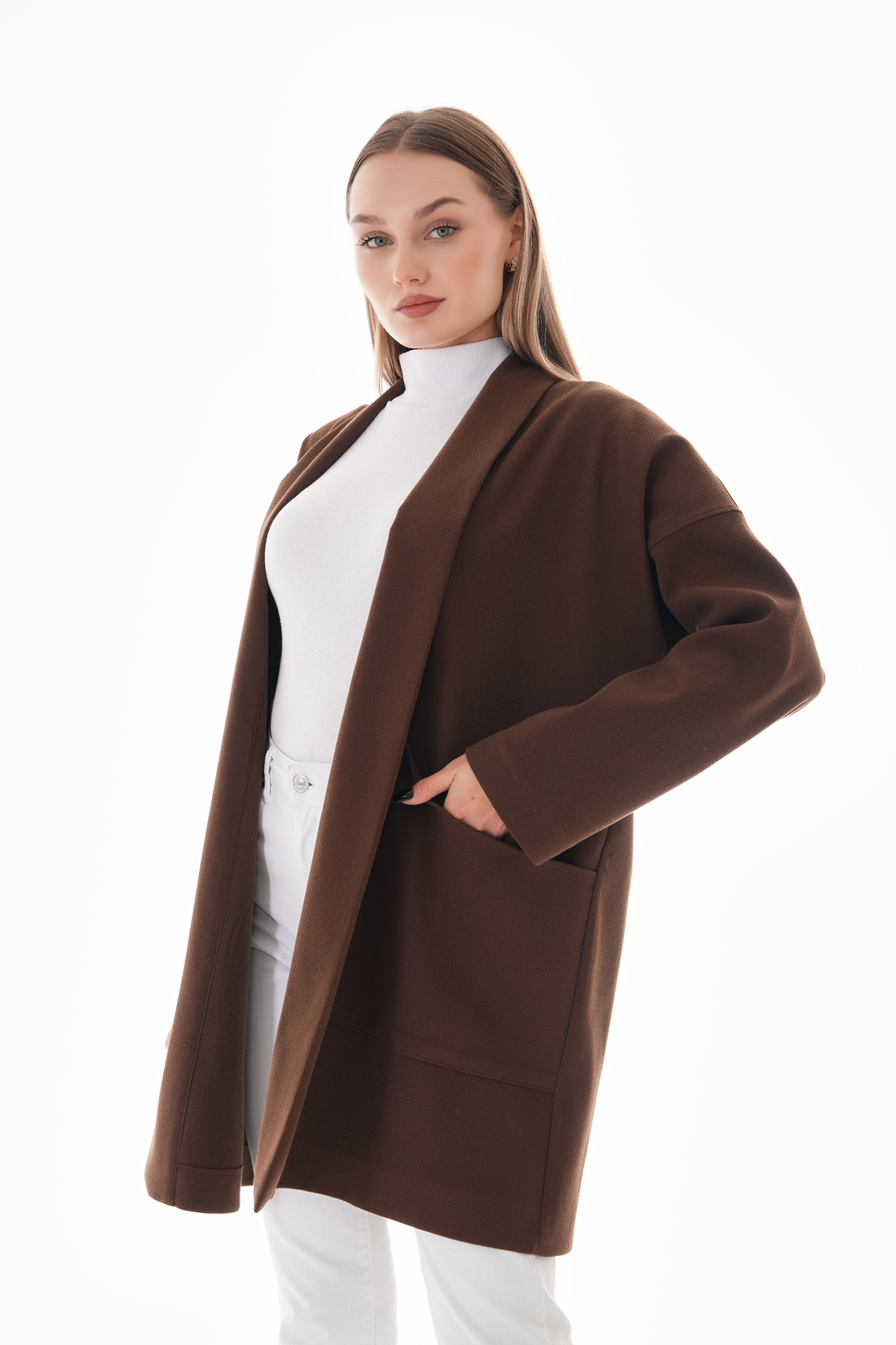 Kahverengi Kışlık Günlük Oversize Standart Kısa Kaliteli Kaşe Kaban 36-44 Beden — قهوه‌ای 515