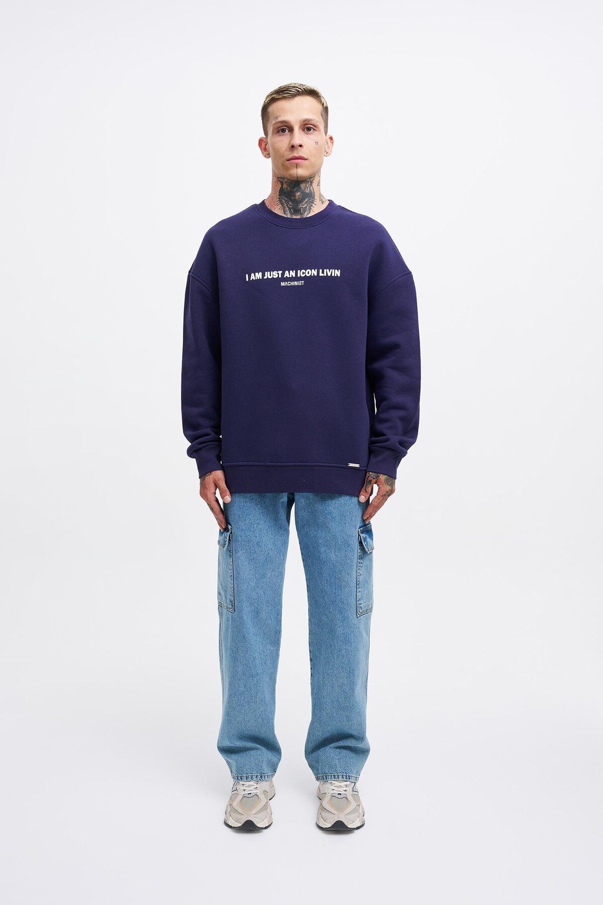Machinist-Men's Icon Printed Oversize Navy Blue Sweatshirt 4