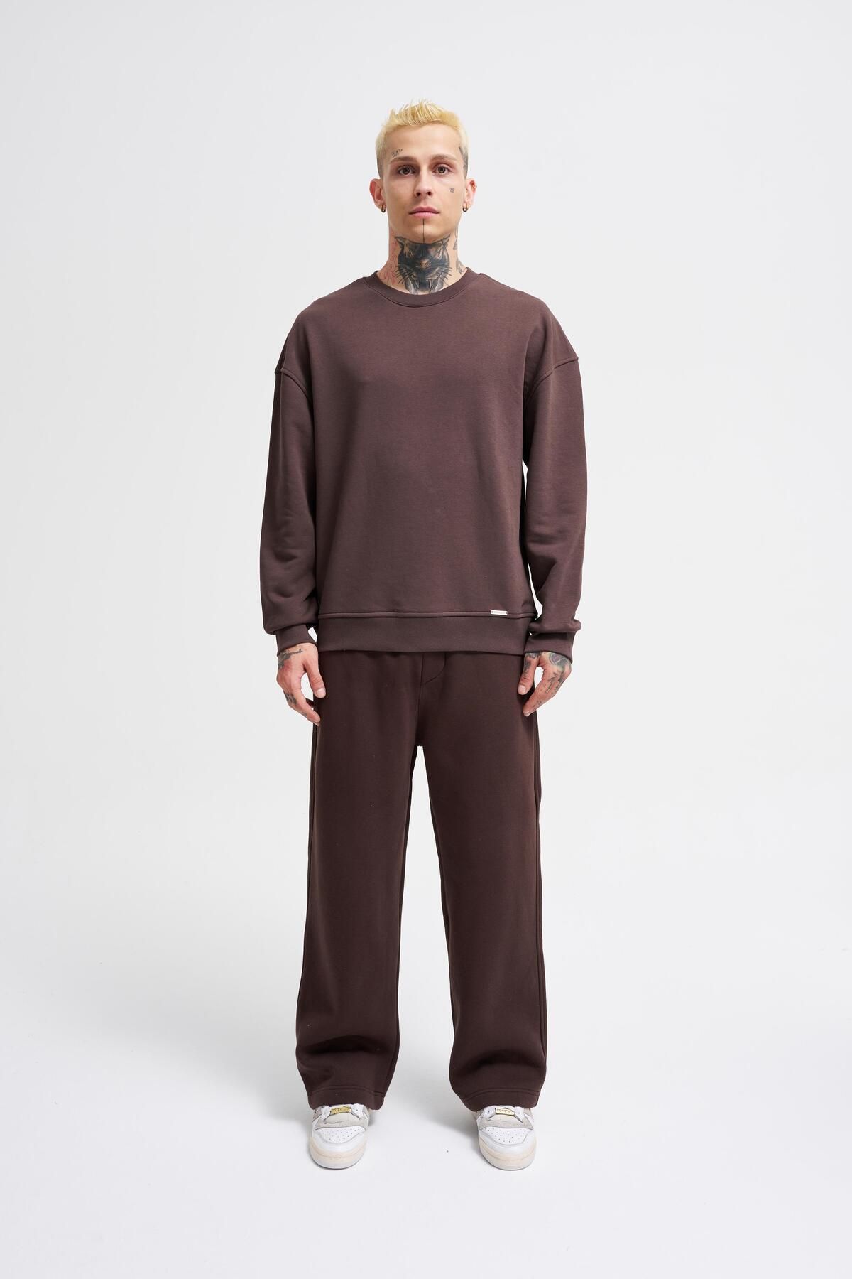 Erkek Basic Oversize Kahve Sweatshirt - 5