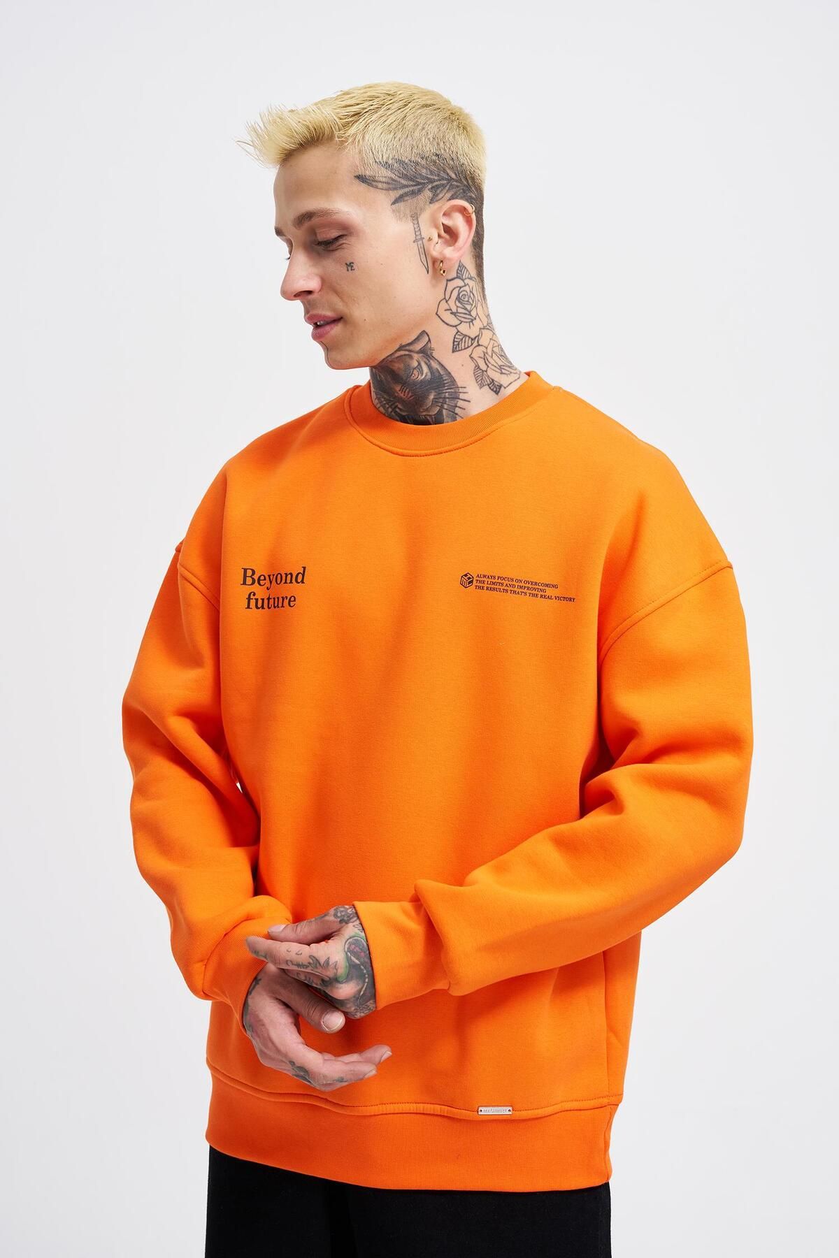 Machinist-Men's Smoking Kill Printed Oversize Orange Sweatshirt 2