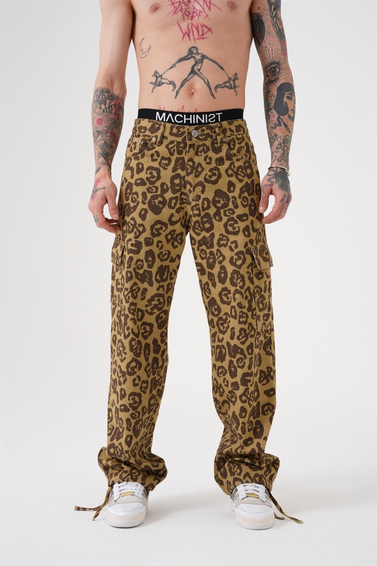 Machinist-Men's Baggy Leopard Pattern Jeans with Cargo Pockets 2
