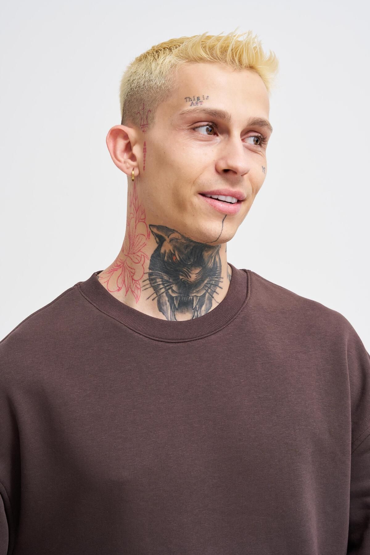 Erkek Basic Oversize Kahve Sweatshirt - 3