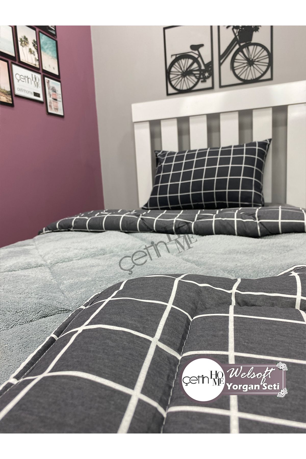 Çetinhome-Single Reversible Welsoft Quilt with Pillow Case Soft Surface 155x215cm Square Anthracite 5