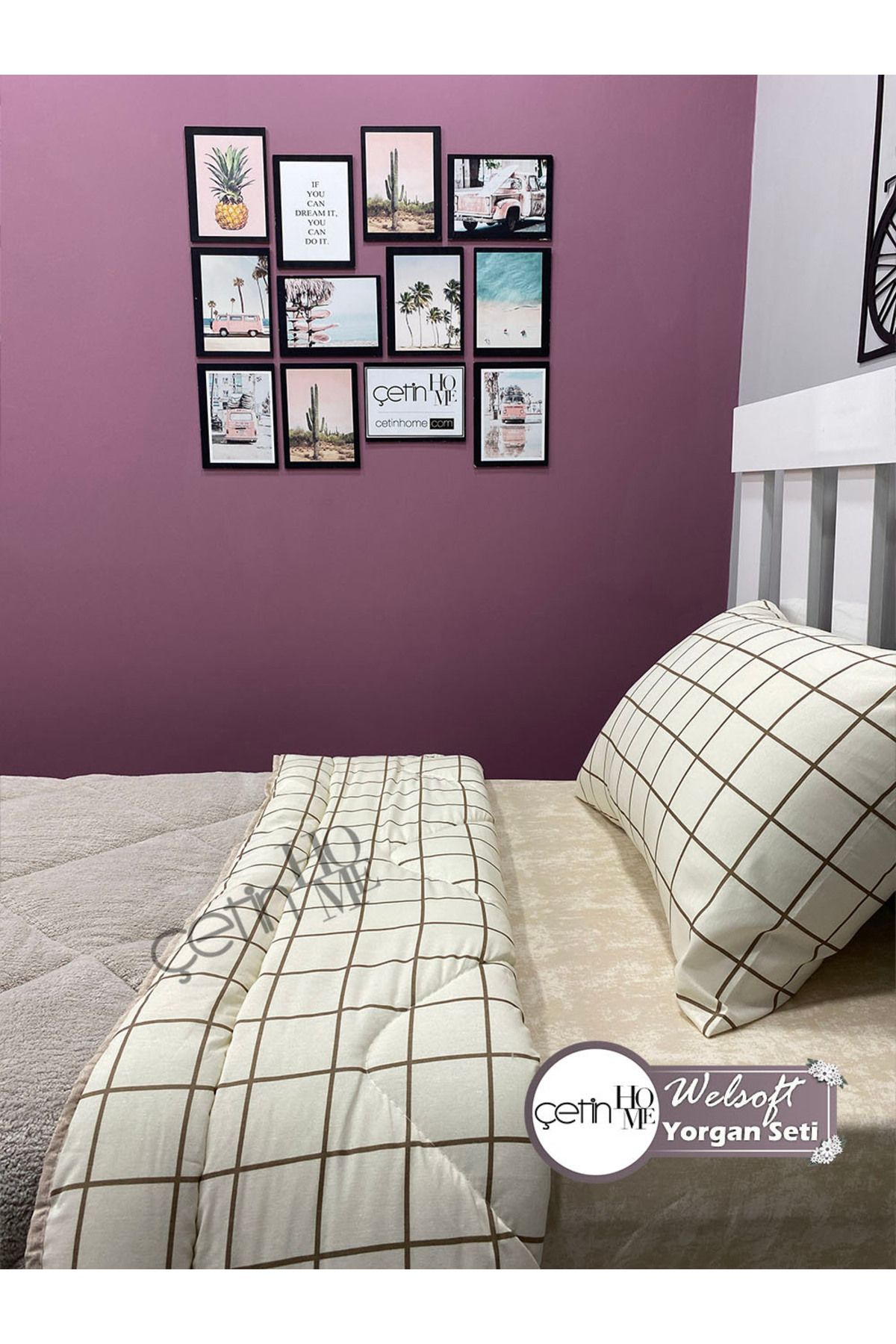 Çetinhome-Single Reversible Welsoft Quilt with Pillow Case Soft Surface 155x215cm Square Cream 4