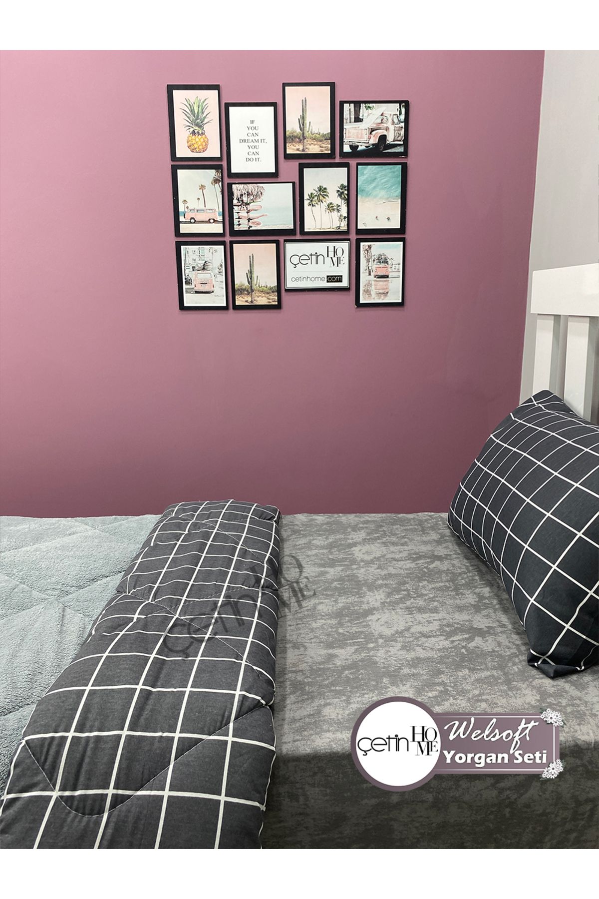 Çetinhome-Single Reversible Welsoft Quilt with Pillow Case Soft Surface 155x215cm Square Anthracite 4