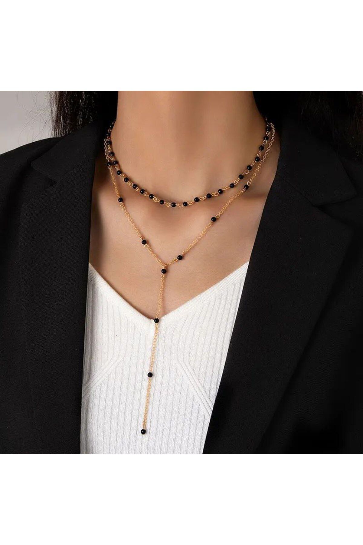Shiklik MODA Şıklığınızı Tamamlayacak 2'Li Siyah Boncuklu Kadın Kolye