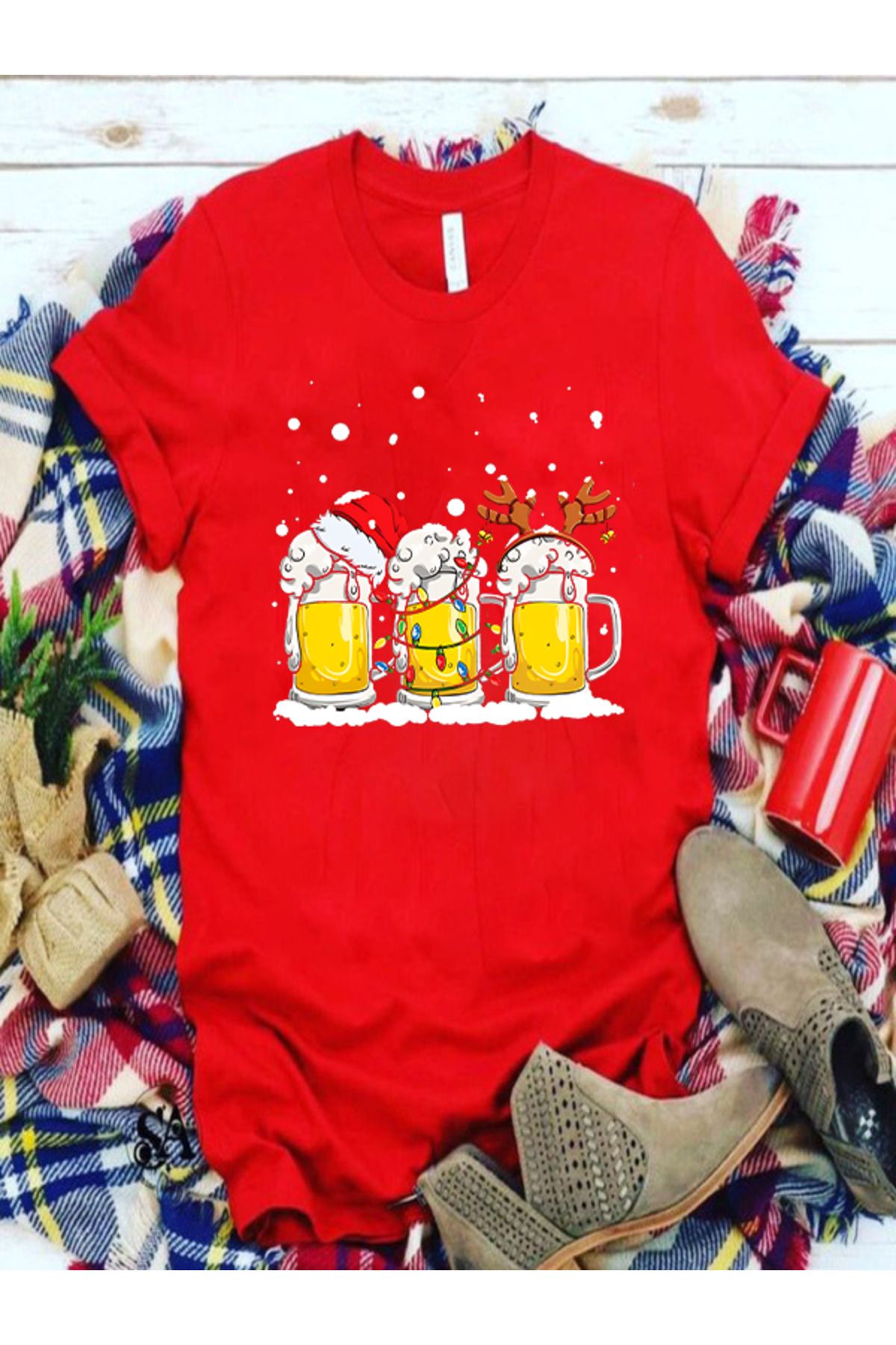 Pisa Art Yılbaşı Yeniyıl Noel Temalı Kırmızı Serisi Unisex Özel Tasarım T-Shirt