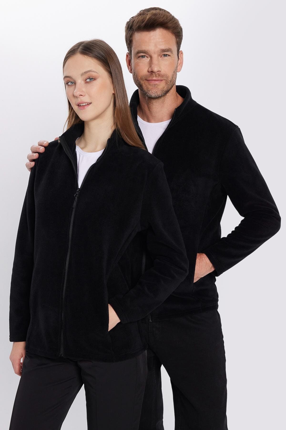 Tudors Unisex Siyah Anti-pilling Tüylenme Yapmayan Standart Fit Tam Fermuarlı Soğuk Geçirmez Polar Hırka