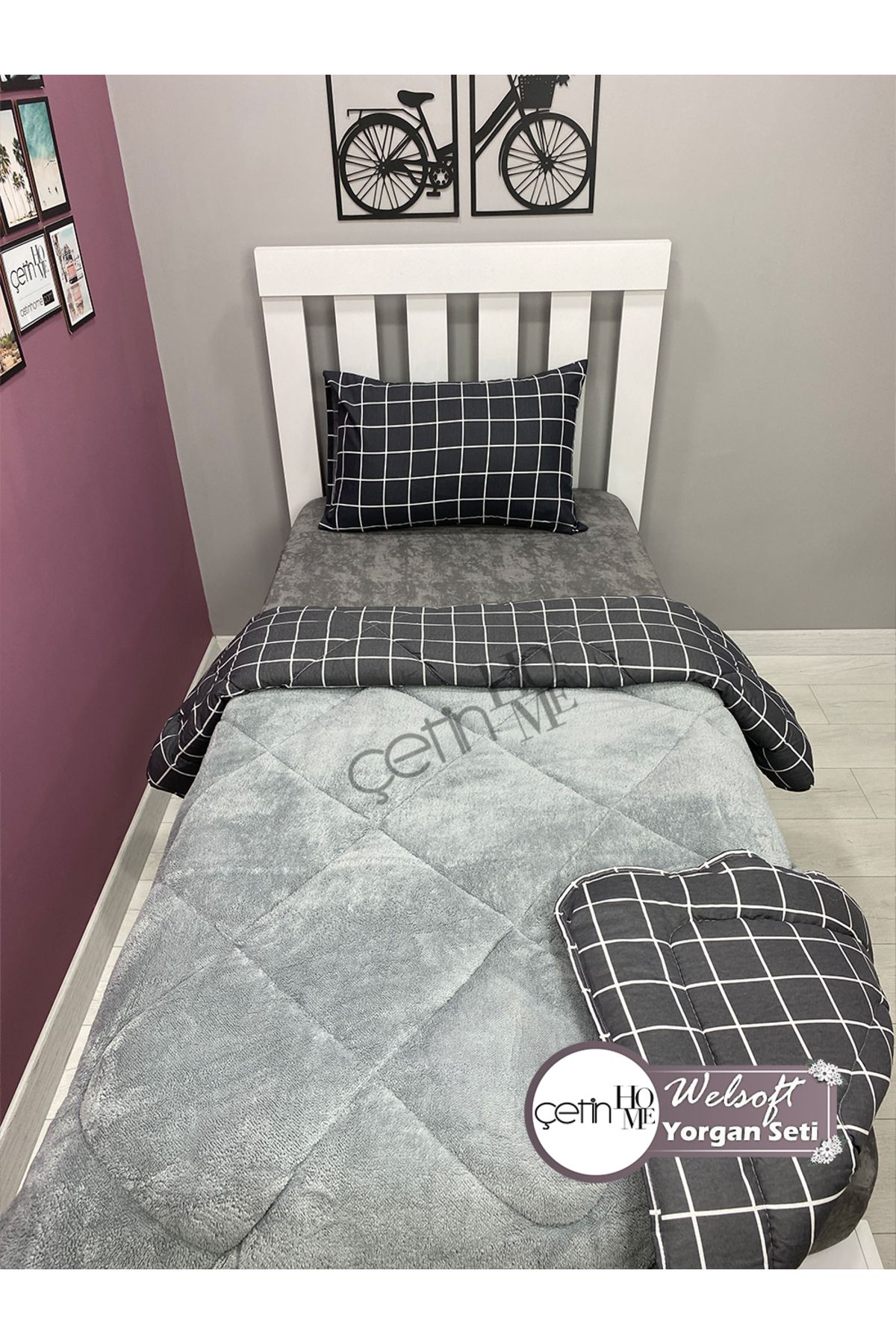 Çetinhome-Single Reversible Welsoft Quilt with Pillow Case Soft Surface 155x215cm Square Anthracite 6