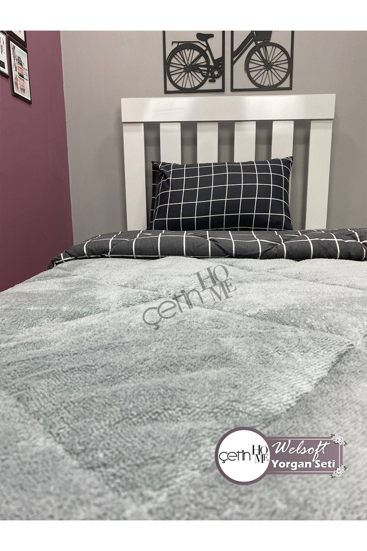 Çetinhome-Single Reversible Welsoft Quilt with Pillow Case Soft Surface 155x215cm Square Anthracite 7