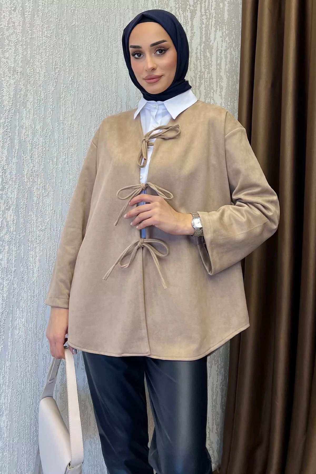 julude-Beige Women's Front Tie Hijab Suede Jacket 5