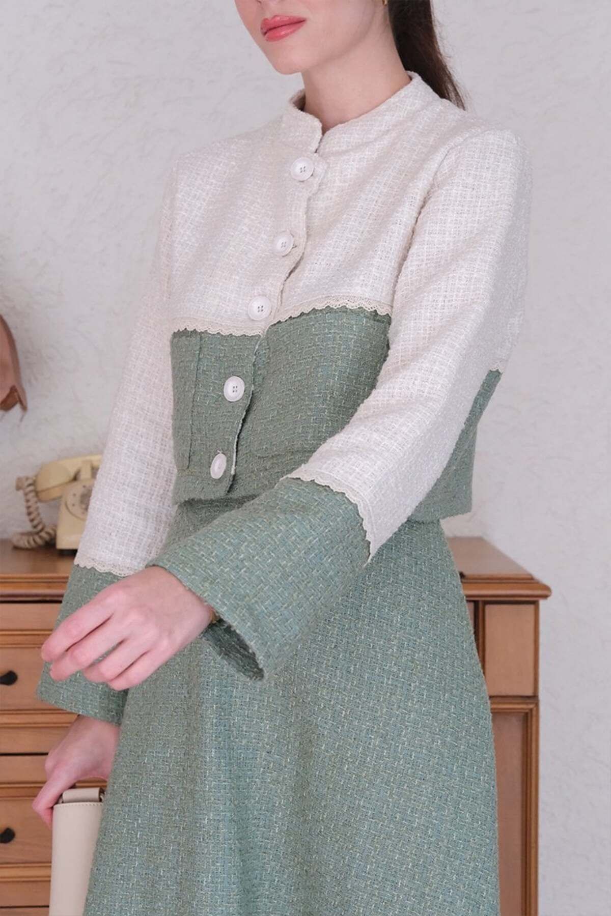 Ceylan Otantik-Green Tweed Skirt - Jacket Set 8