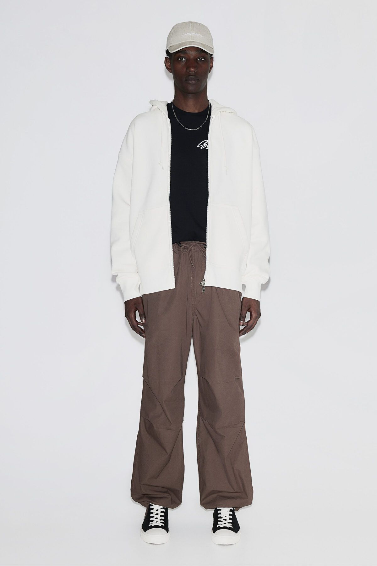 سویشرت سفید مردانه بالای کلاه و زیپ اورجینال H M H&M