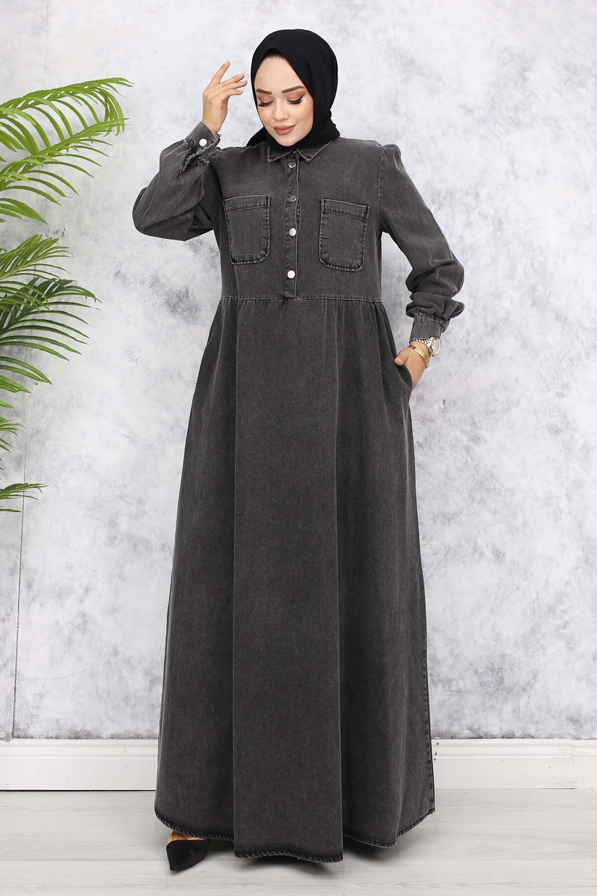 benguen-Black Denim Dress with Half Buttons and Pocket Detail - 845 5