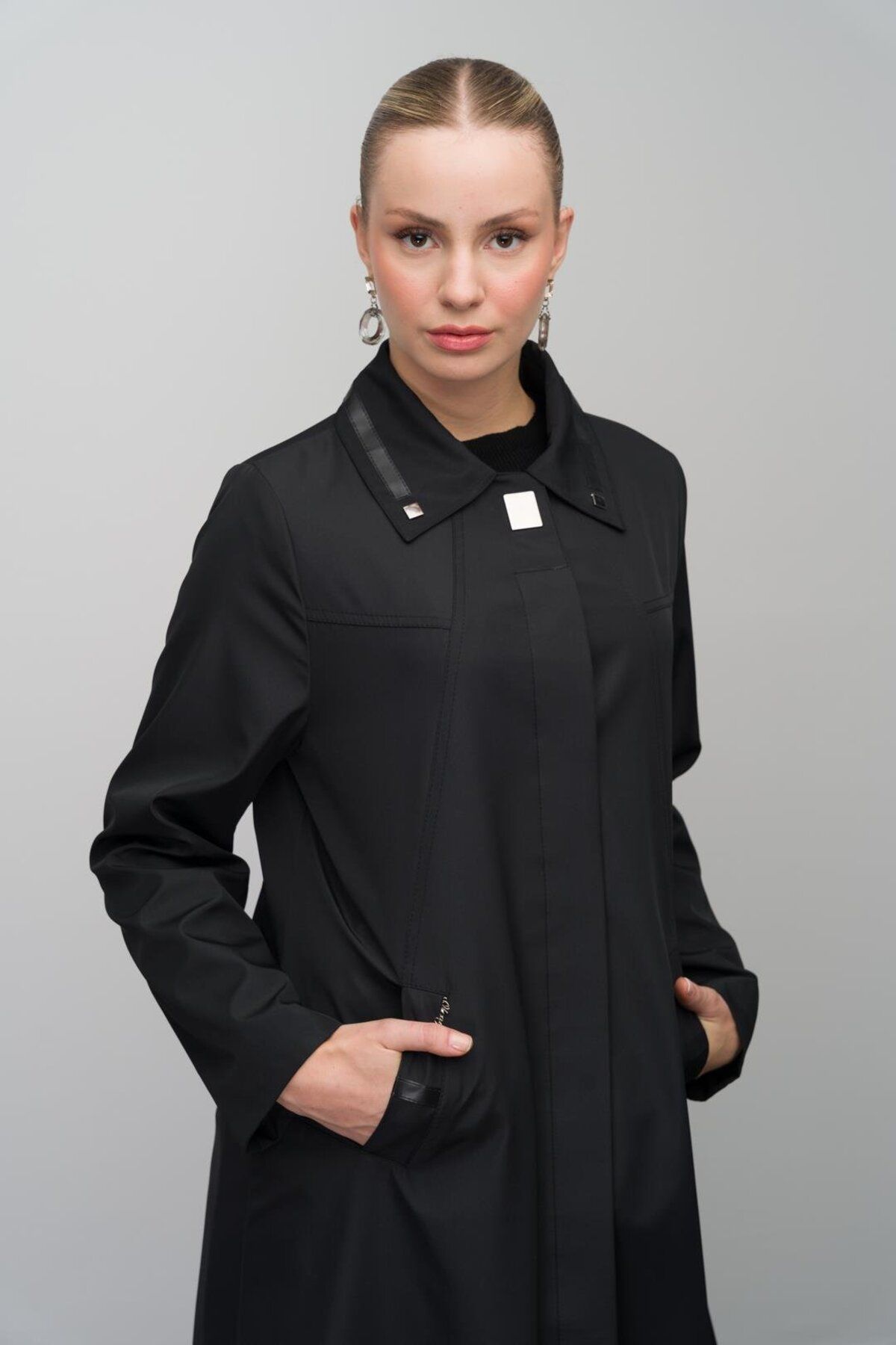 Olcay-Plus Size Lined Trench Top Coat - Shirt Collar with Leather and Metal Accessories, Black 4299 2