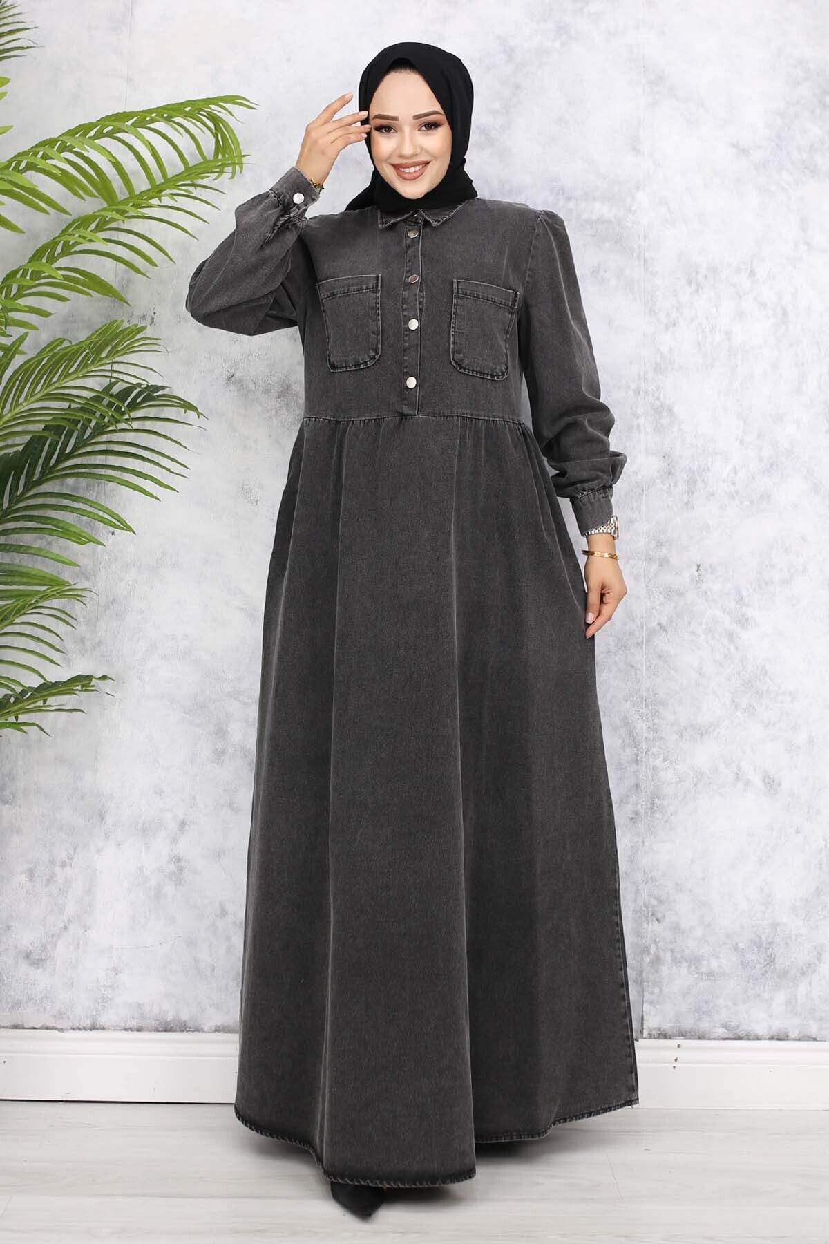 benguen-Black Denim Dress with Half Buttons and Pocket Detail - 845 1