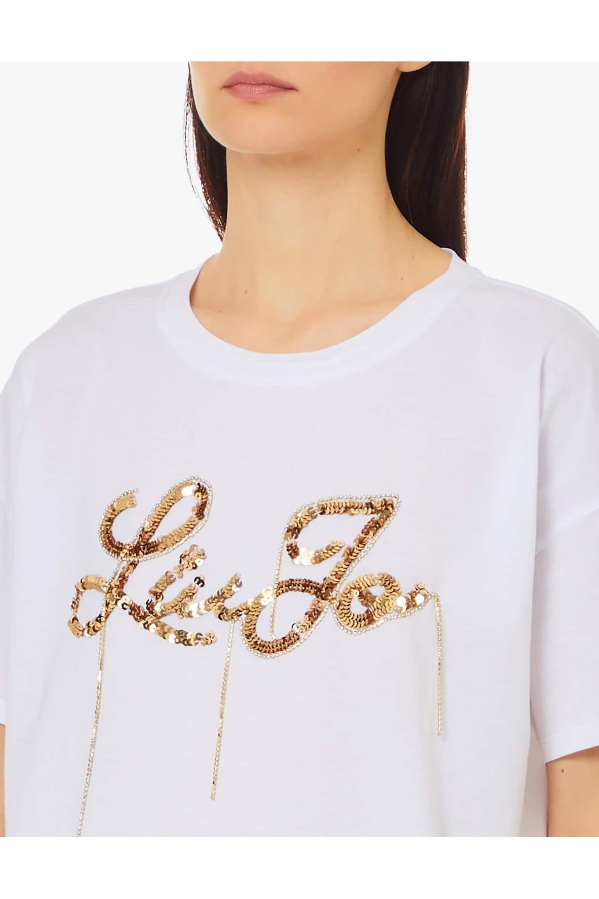 Liu Jo-Tricou de damă cu gât rotund cu detaliu de piatră albă - mânecă scurtă WF4104J5904-N9885 2