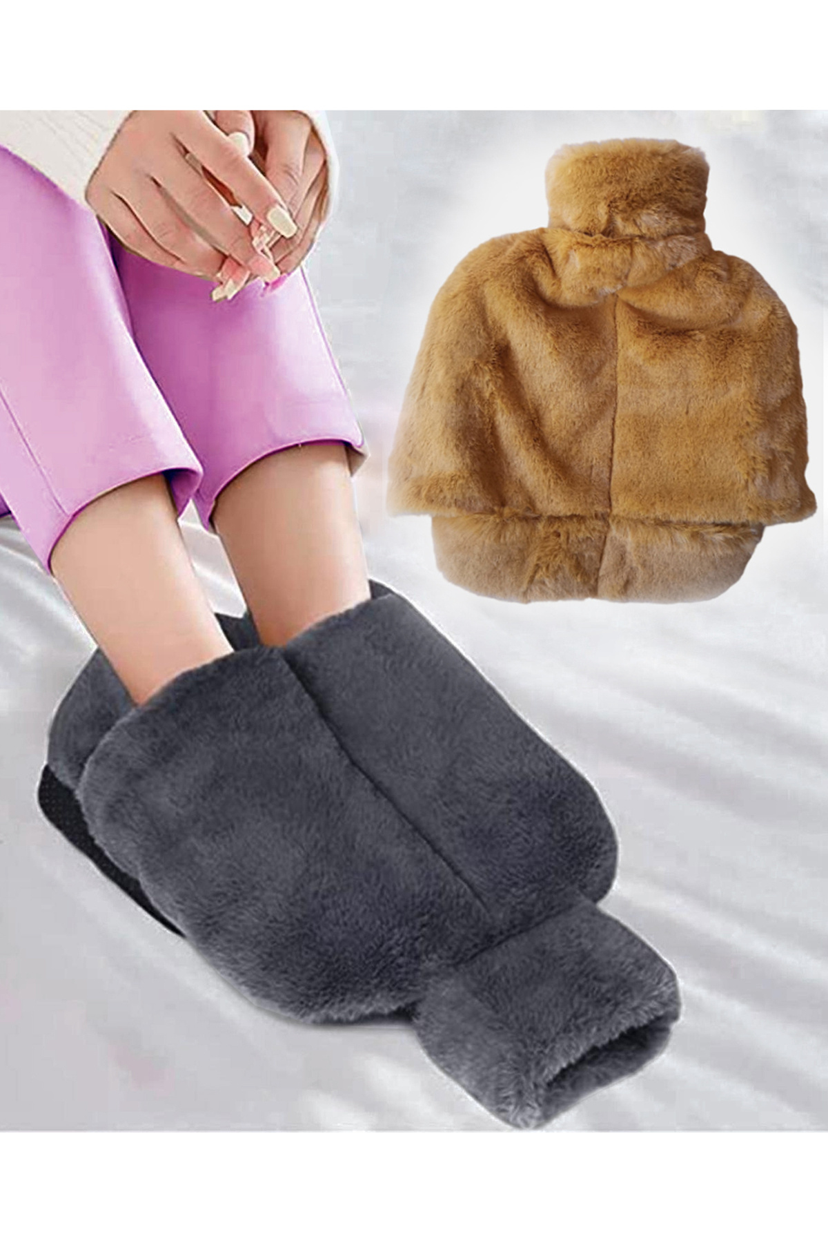 Home Sarı Peluş Kılıflı Ayak Isıtıcı Sıcak Su Torbası 2 Lt Cepli El Geçmeli