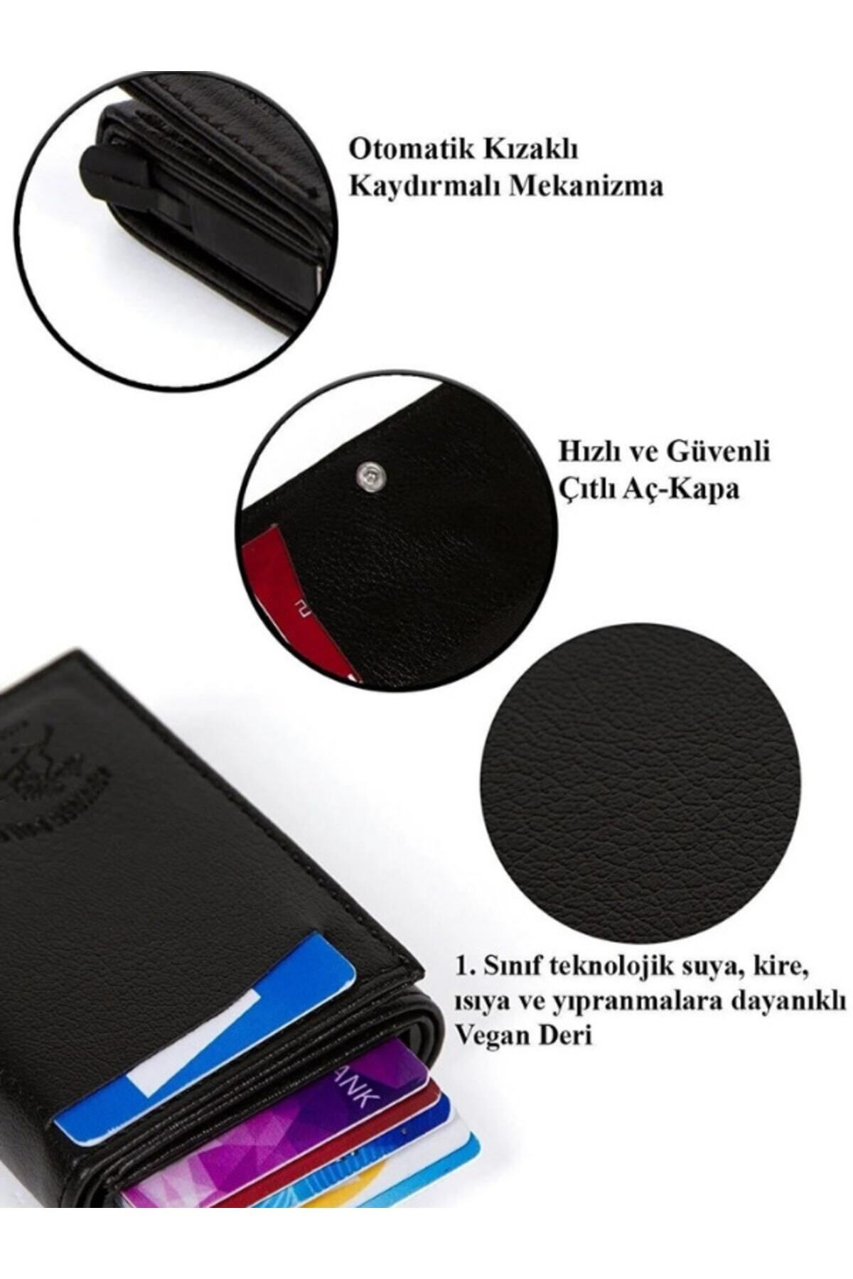 Newish Polo-Portofel unisex cu mecanism din piele neagră automată pentru carduri cu 8 bucăți compartimente pentru carduri (7CMX10CM) 5