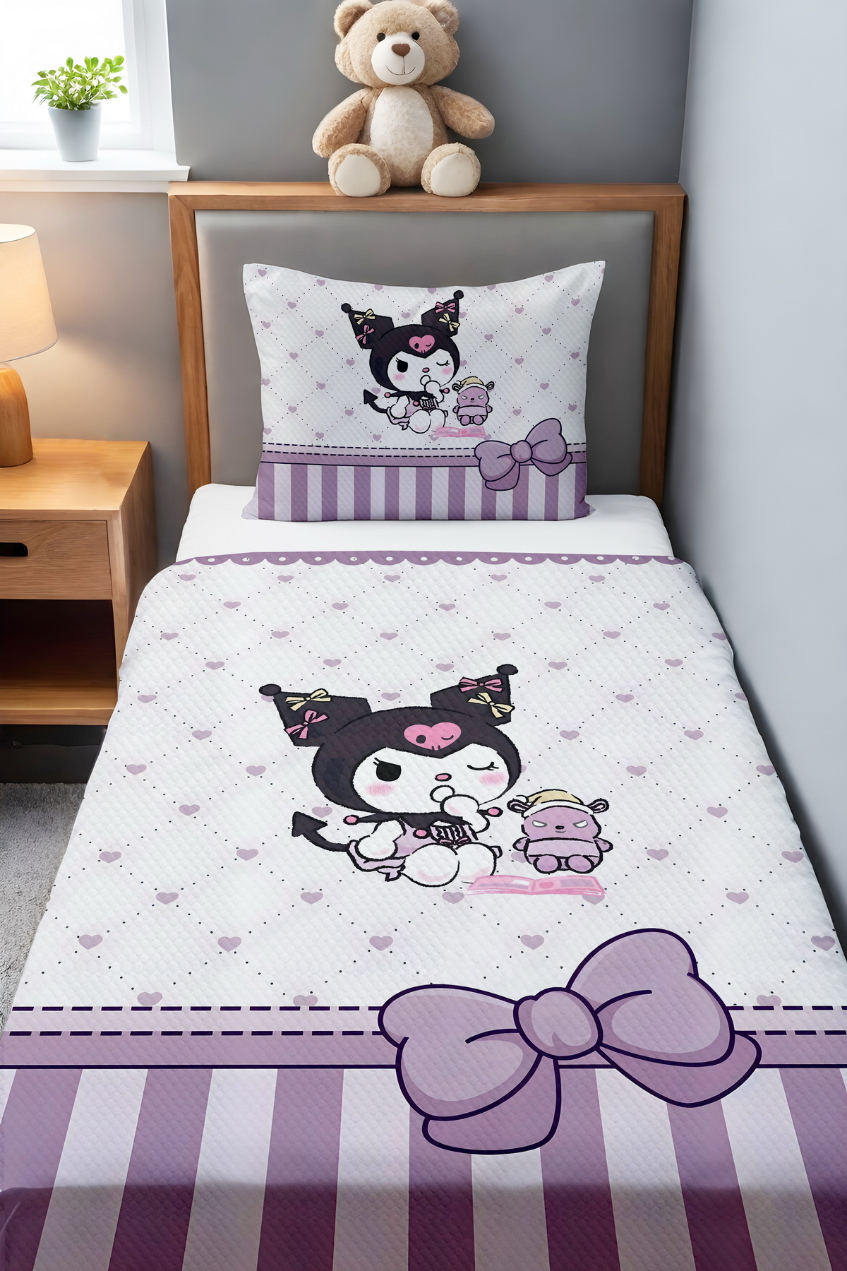 Evpanya Mor Fiyonklu Uykucu Kuromi Desenli Tek Kişilik Bebek Çocuk Pike Seti fotoğrafı 2 (önizleme)