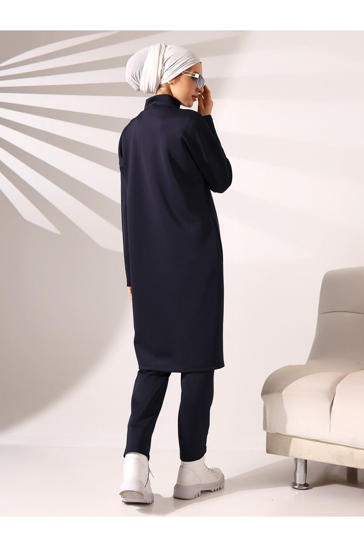 Modamorfo-Scuba Fabric Stand Collar Double Layer Tunic and Trousers Set - Navy 5