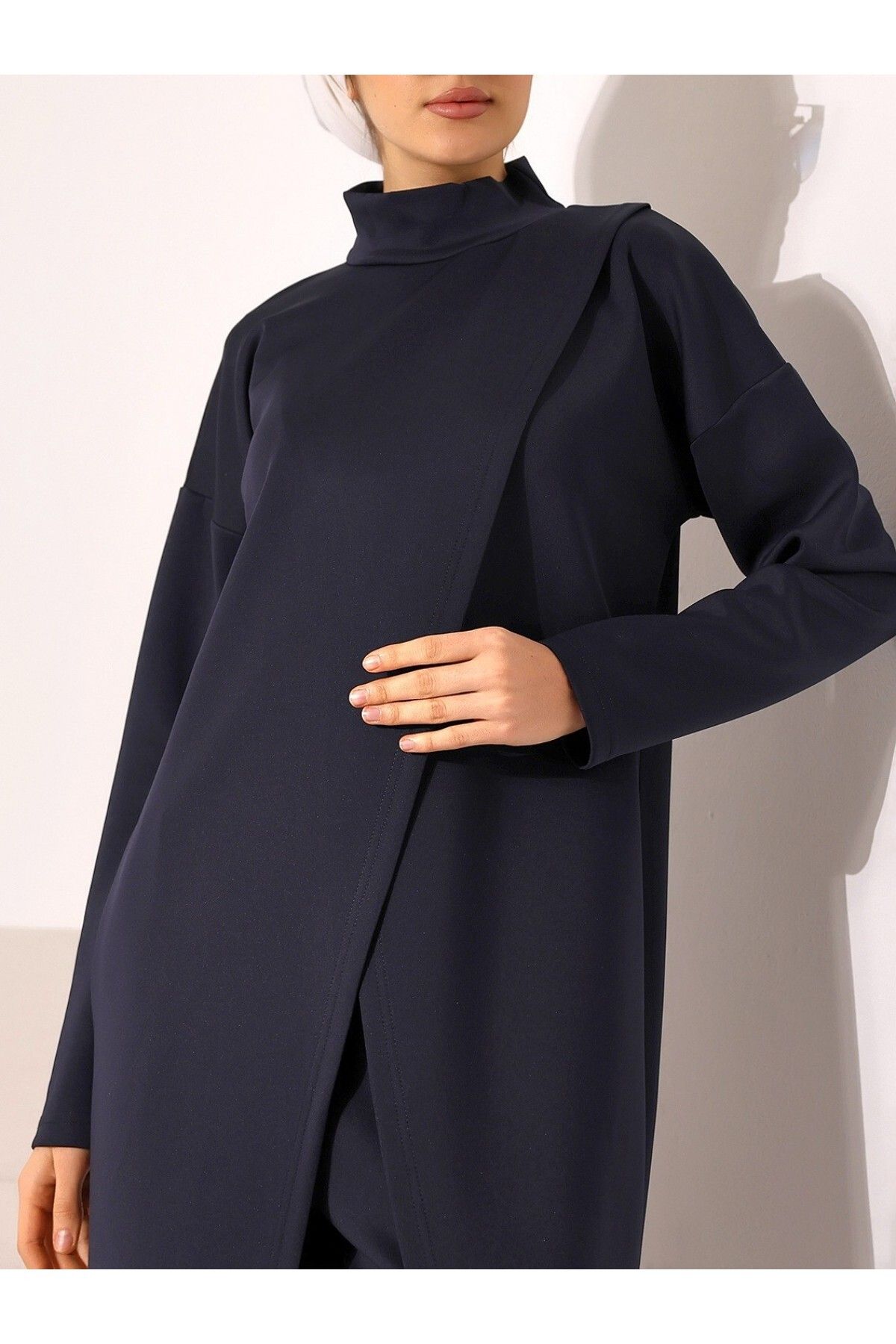 Modamorfo-Scuba Fabric Stand Collar Double Layer Tunic and Trousers Set - Navy 7