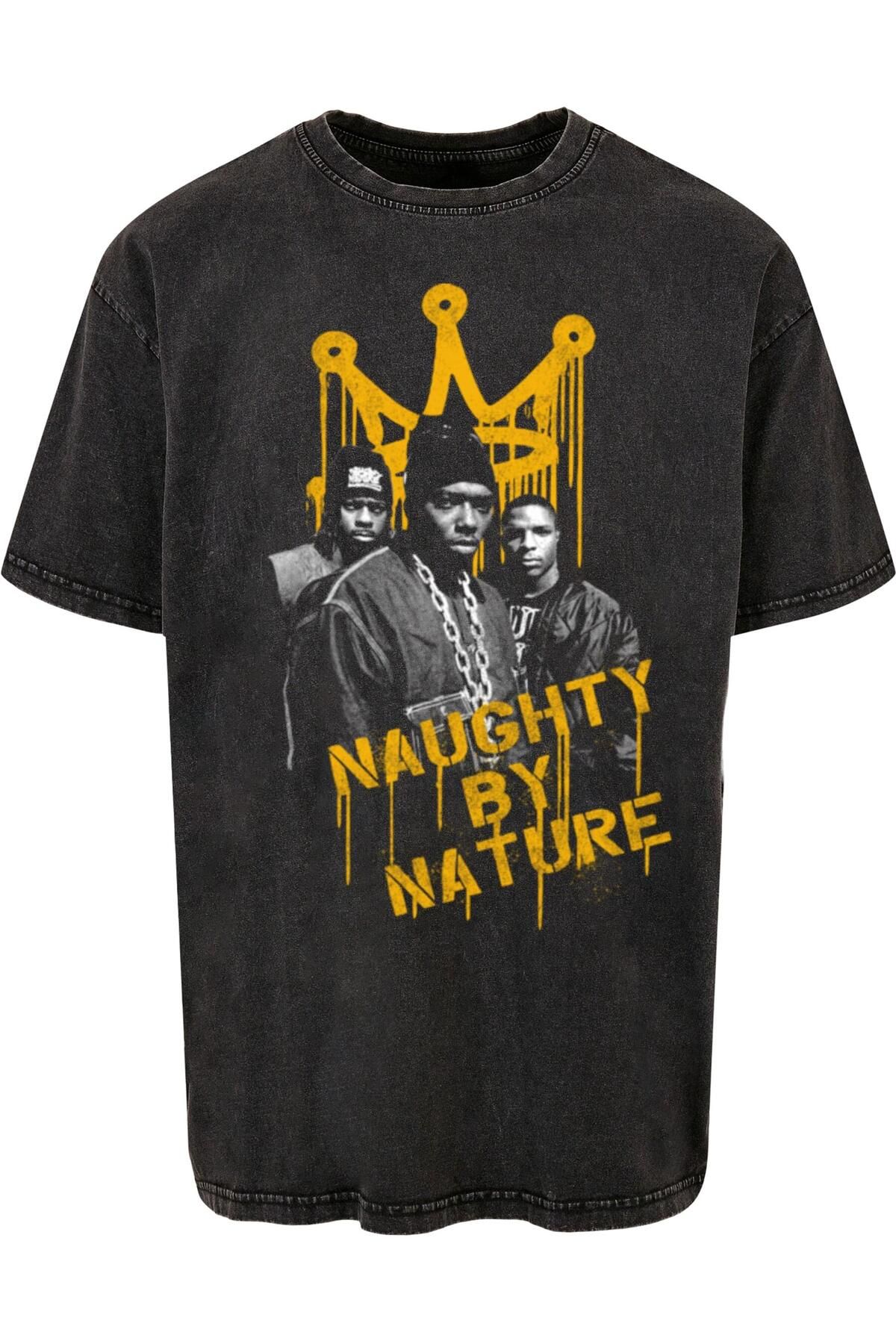 Merchcode-Naughty by Nature - Übergroßes T-Shirt mit Drip Crown-Print und Acid-Waschung 1