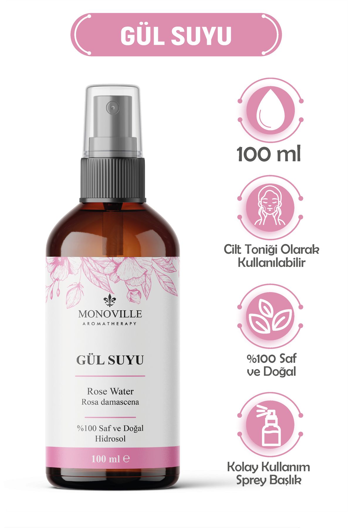 Monoville Gül Suyu Tonik Cam Şişe 100 ml %100 Saf ve Doğal Sprey Başlıklı (Rose Water)