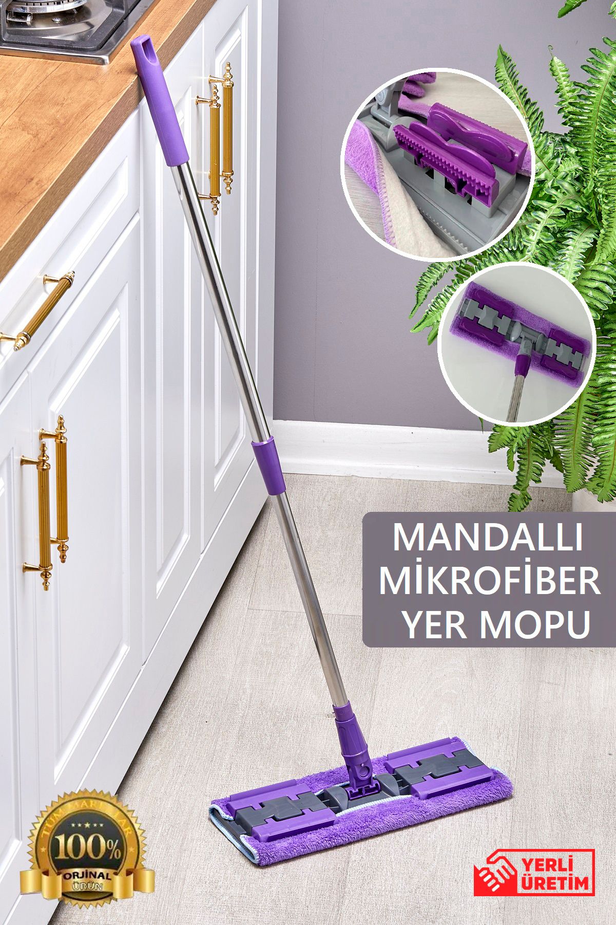 Sabelli Mandallı Mikrofiber Mop - Otella Yer Duvar Cam Silme Temizlik Mopu & Kıskaçlı Teleskopik Paspas Seti