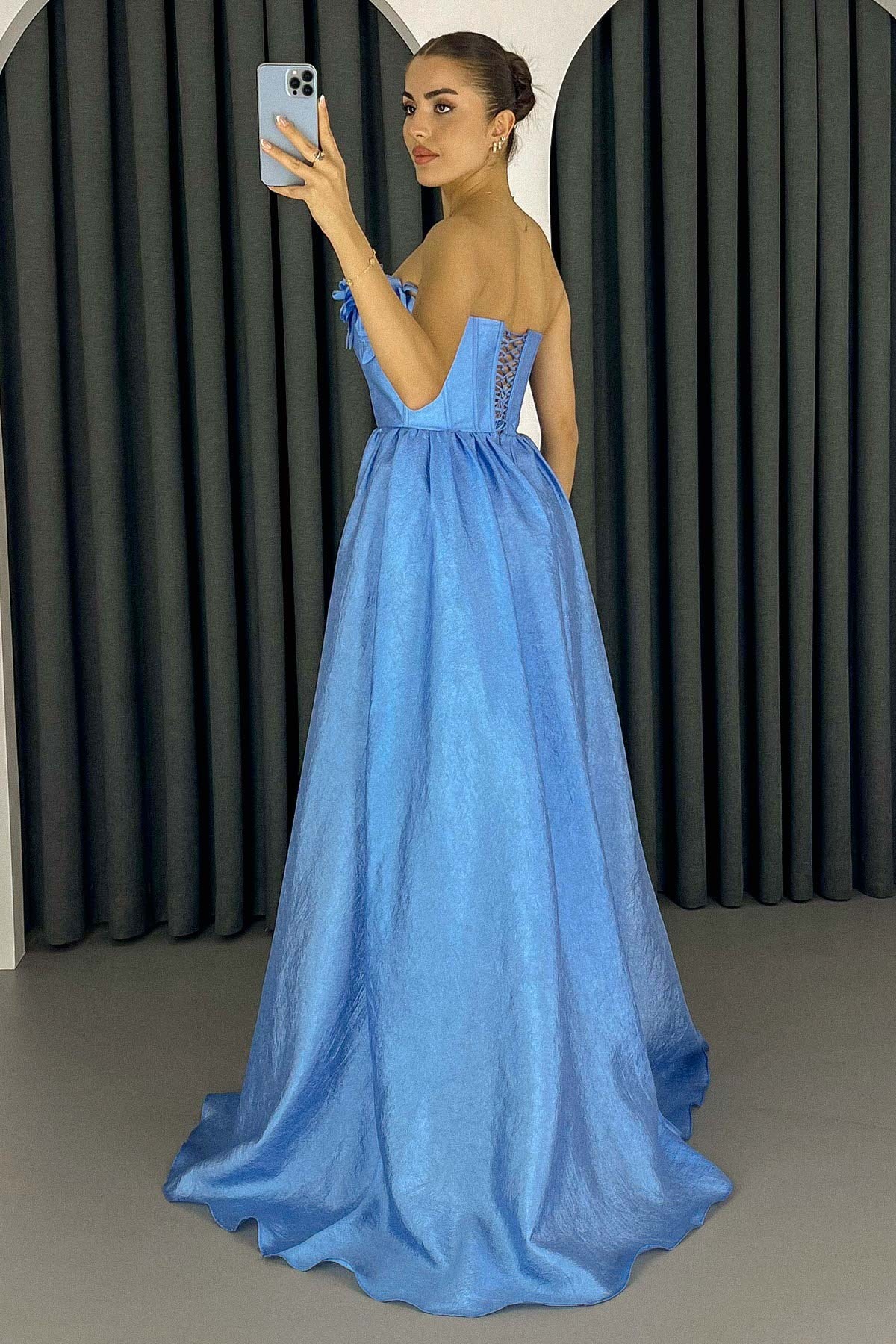 Lafaba-Rochie de seară lungă, cu decolteu indigo, cu trandafiri 5