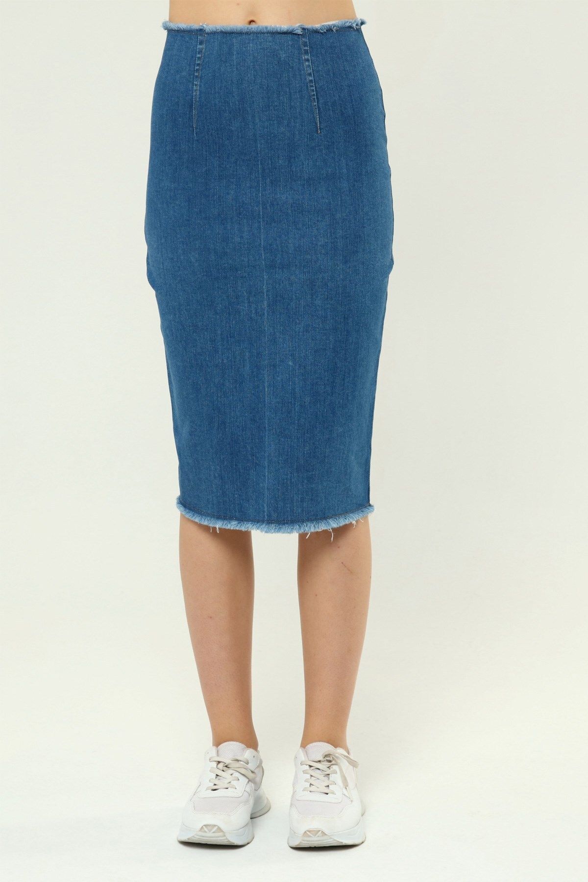 THE BARK-Denim Pencil Skirt with Tassels 1173 Blue 3