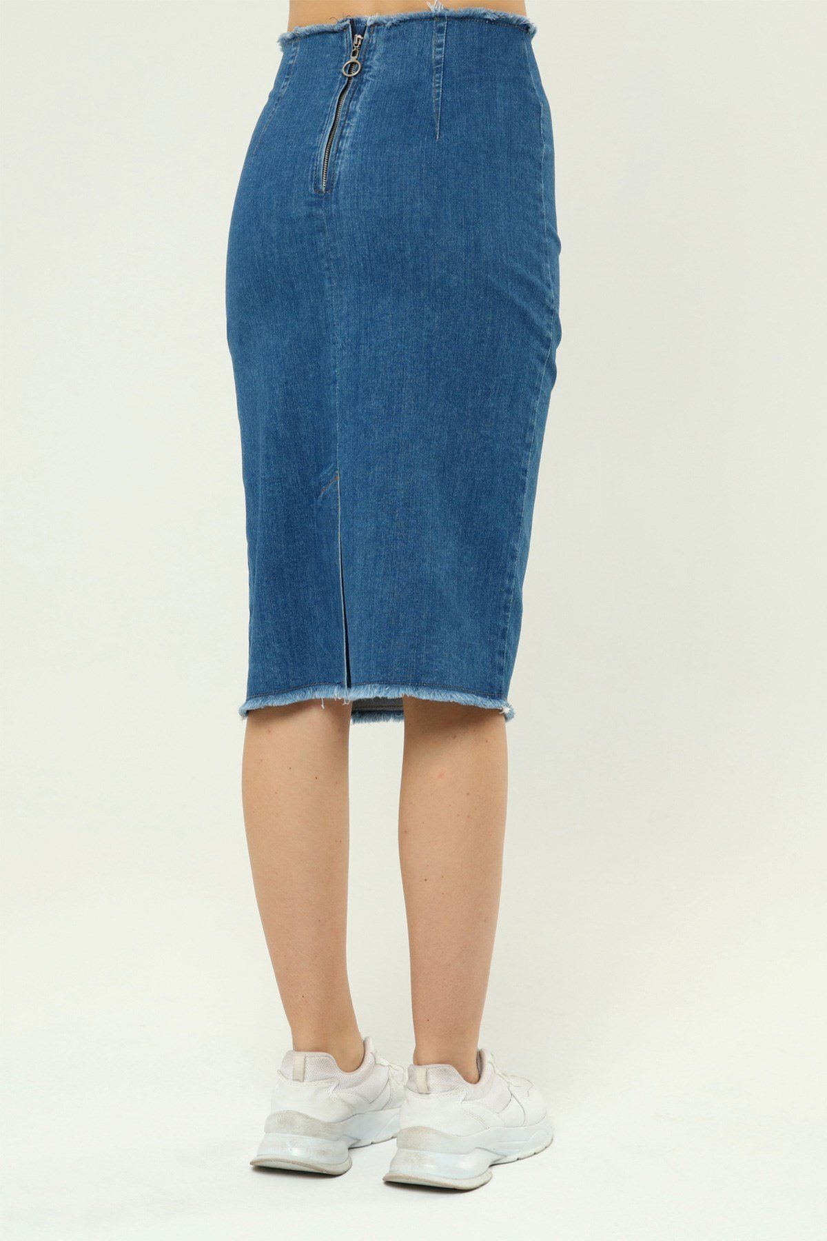 THE BARK-Denim Pencil Skirt with Tassels 1173 Blue 6