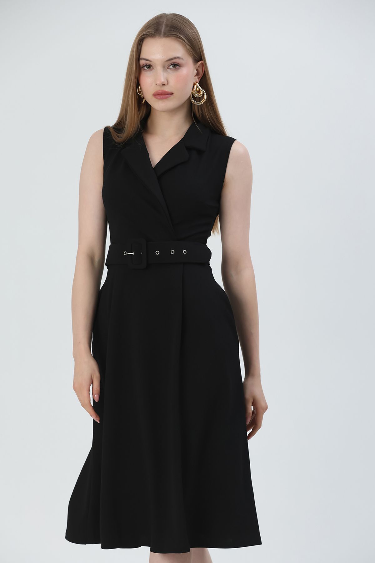 WOMAN VISION-Damen-Midikleid mit Gürteldetail, knielang, dehnbarer Stoff, zweireihig, Hemdkragen, schwarzes Midi-Kleid 012 8