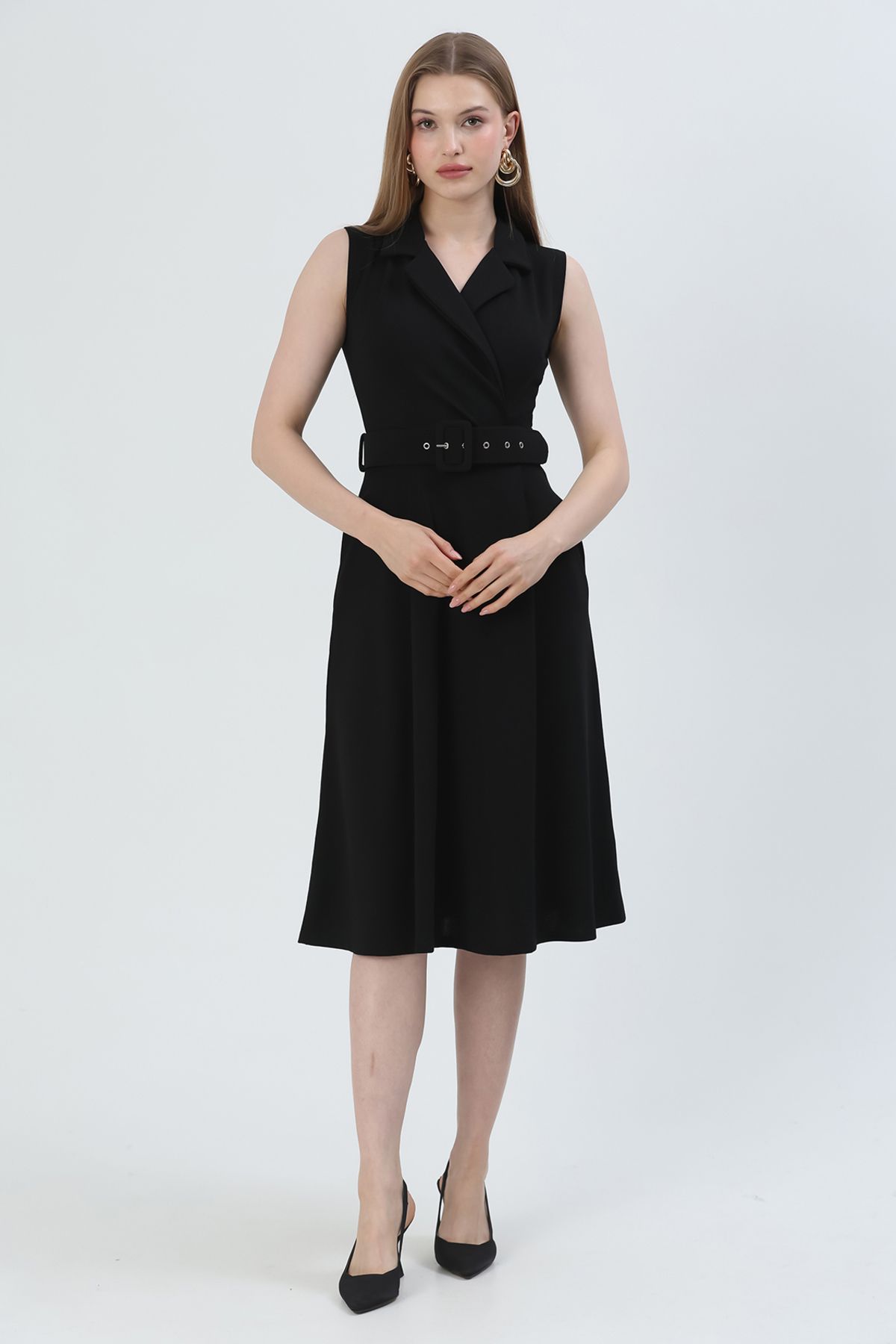 WOMAN VISION-Damen-Midikleid mit Gürteldetail, knielang, dehnbarer Stoff, zweireihig, Hemdkragen, schwarzes Midi-Kleid 012 4