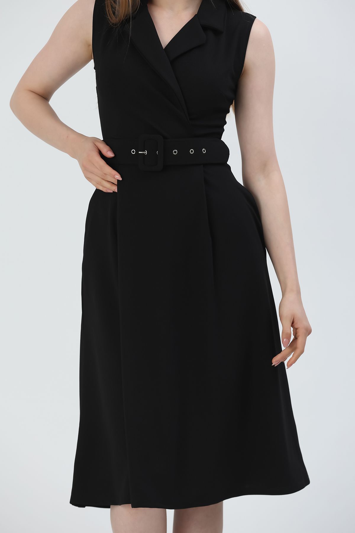 WOMAN VISION-Damen-Midikleid mit Gürteldetail, knielang, dehnbarer Stoff, zweireihig, Hemdkragen, schwarzes Midi-Kleid 012 2