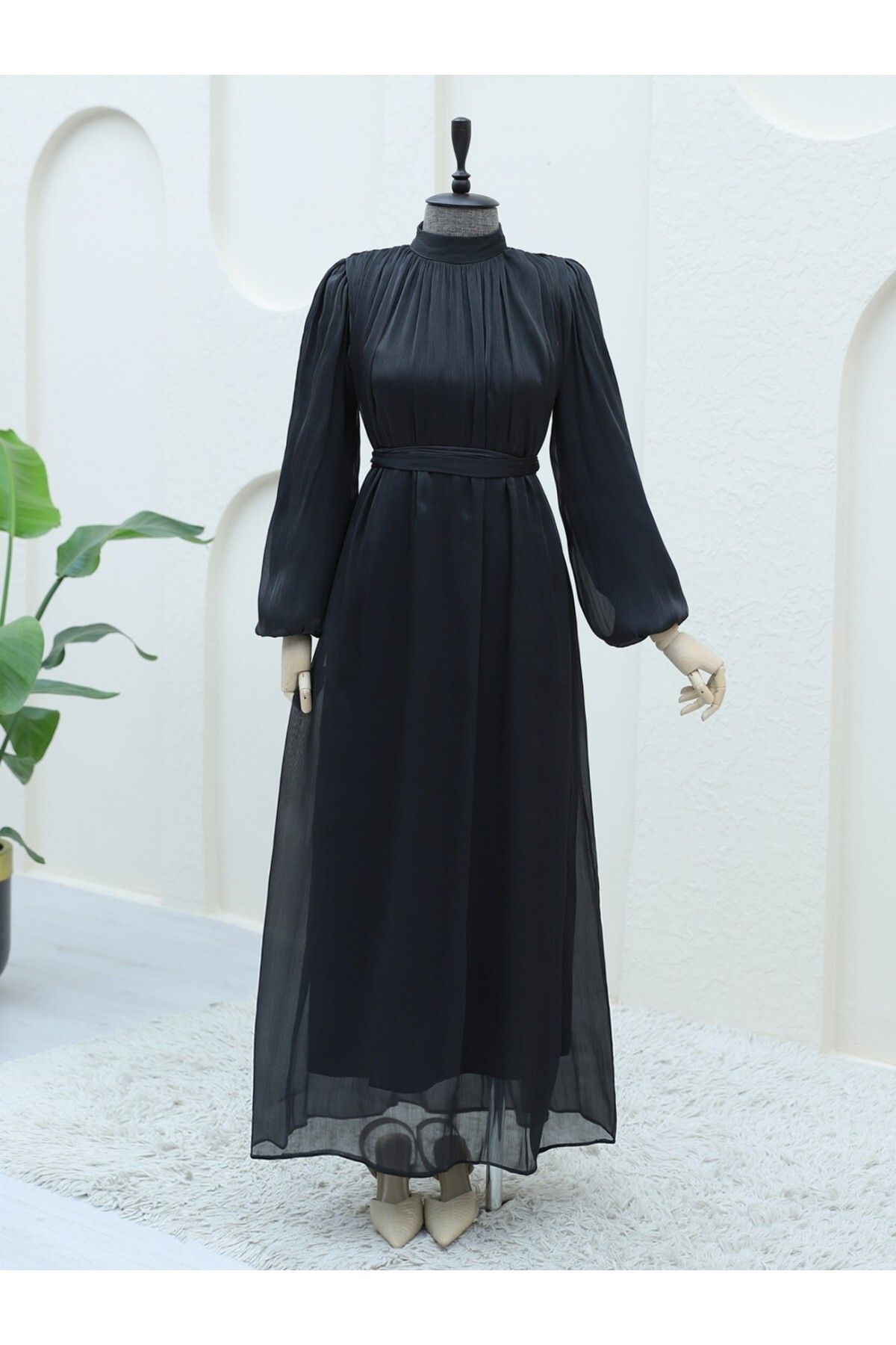 Modamorfo-Schulterfreies, glitzerndes Ballonärmelkleid aus Stoff – Schwarz 2