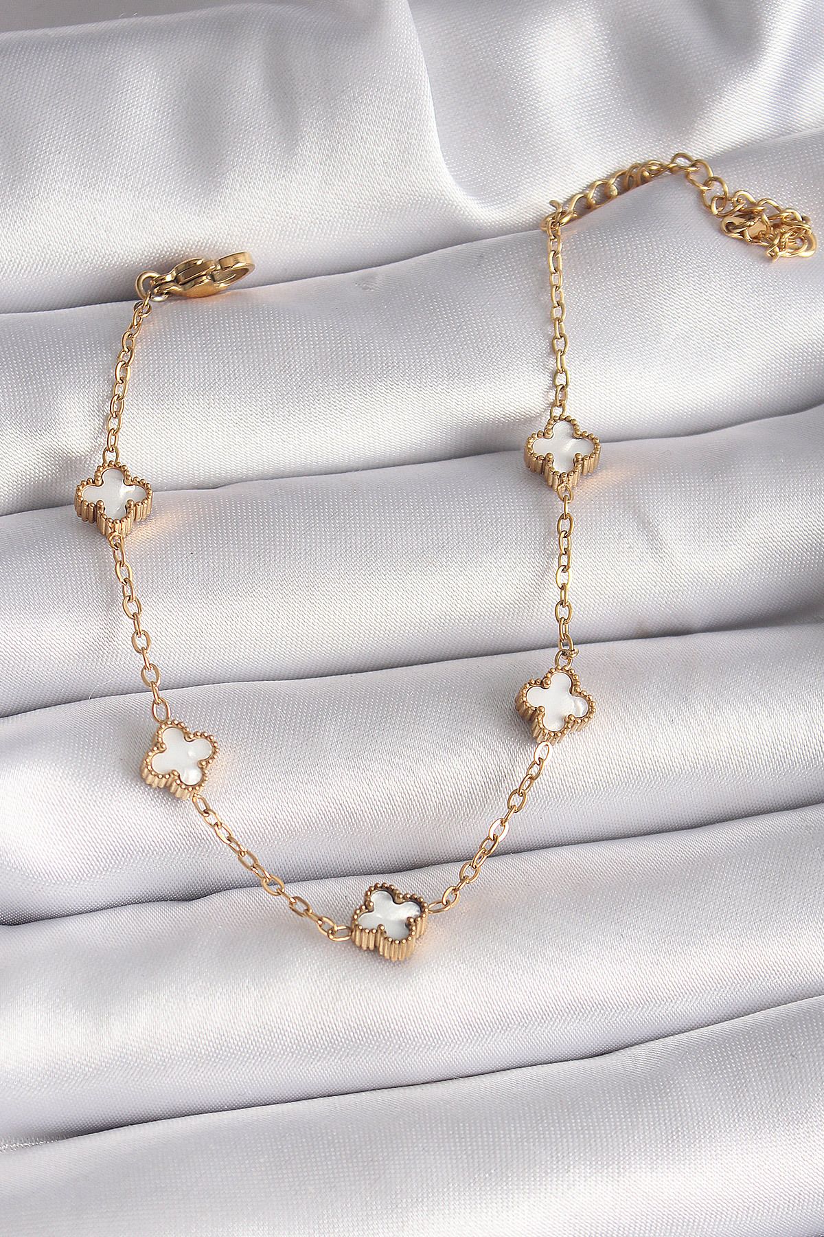 lumossia 316L Çelik Gold Renk Beyaz Baby Boy Yonca Model Kadın Bileklik